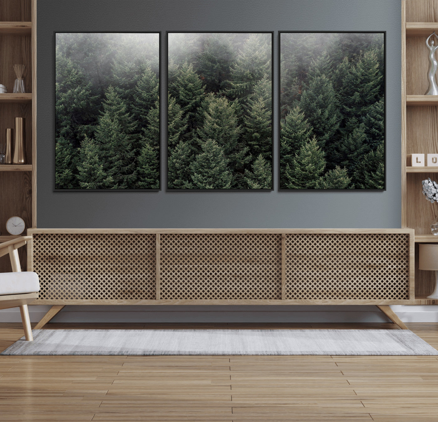 84059409-MGV-FC-60X30-3P_Black-Forest Wall Art – Misty Evergreen Trees Canvas Print, Tranquil Nature Photography Decor for Bedroom, Living Room, Office, Cabin or