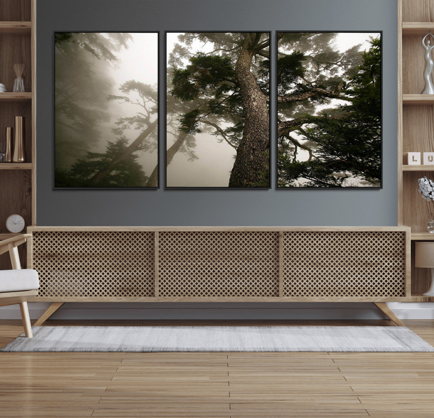 87969493-MGV-CV-36X24-Forest Wall Art – Misty Tall Trees Canvas Print, Dramatic Woodland Photography Decor for Bedroom, Living Room, Office, Cabin,