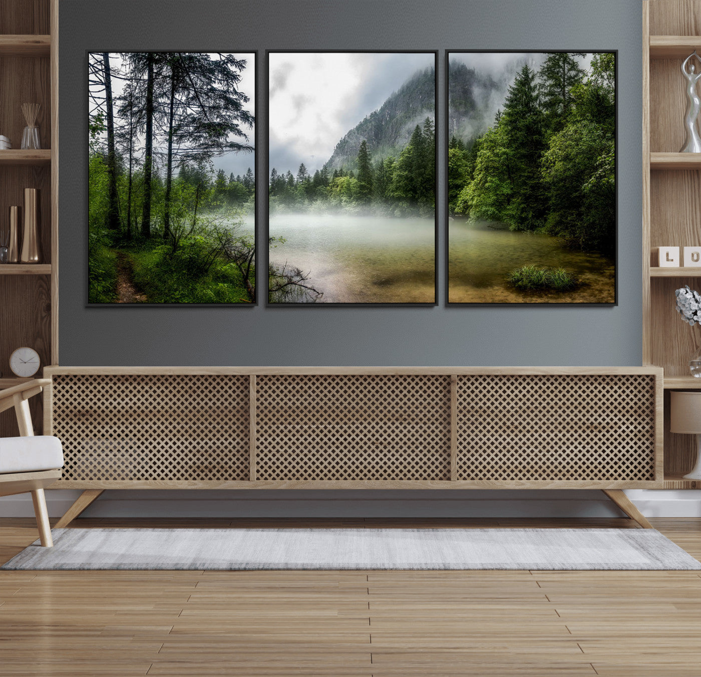 93123937-MGV-FC-60X30-3P_Black-Landscape Wall Art – Misty Mountain Lake Canvas Print, Tranquil Forest and Waterfall Photography Decor for Bedroom, Living Room,