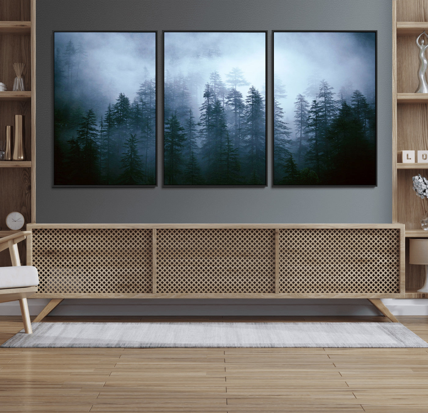 93439624-MGV-FC-60X30-3P_Black-Forest Wall Art – Misty Pine Trees Canvas Print, Moody Nature Photography Decor for Bedroom, Living Room, Office, Cabin, Lodge or