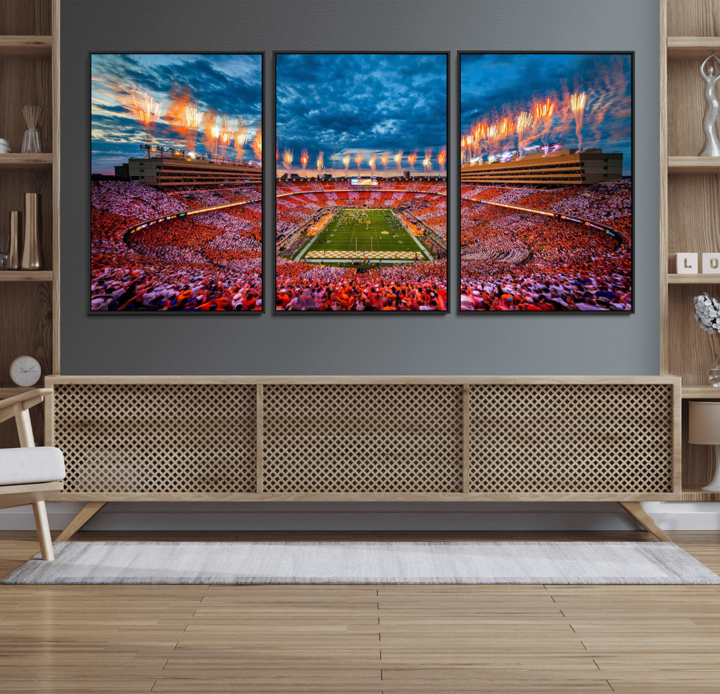 94266219-MGV-FC-60X30-3P_Black-Neyland Stadium Wall Art – Tennessee Volunteers Checkerboard Game Day Canvas Print, College Football Fireworks Decor for Man Cave