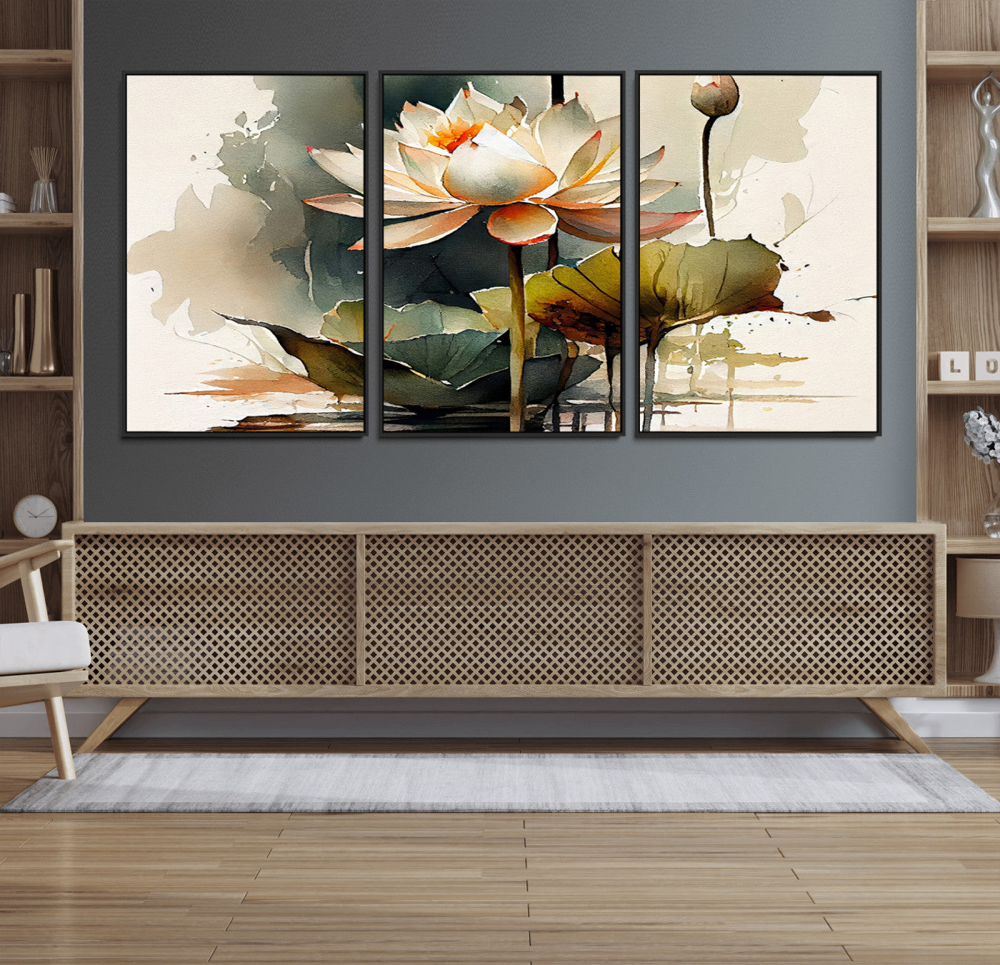 46359-MGV-FC-60X30-3P_Black-Lotus Blossom Wall Art Canvas Print, Framed Water Lily Art Picture Print, Zen Flower Perfect Zen Botanical Decor Artwork