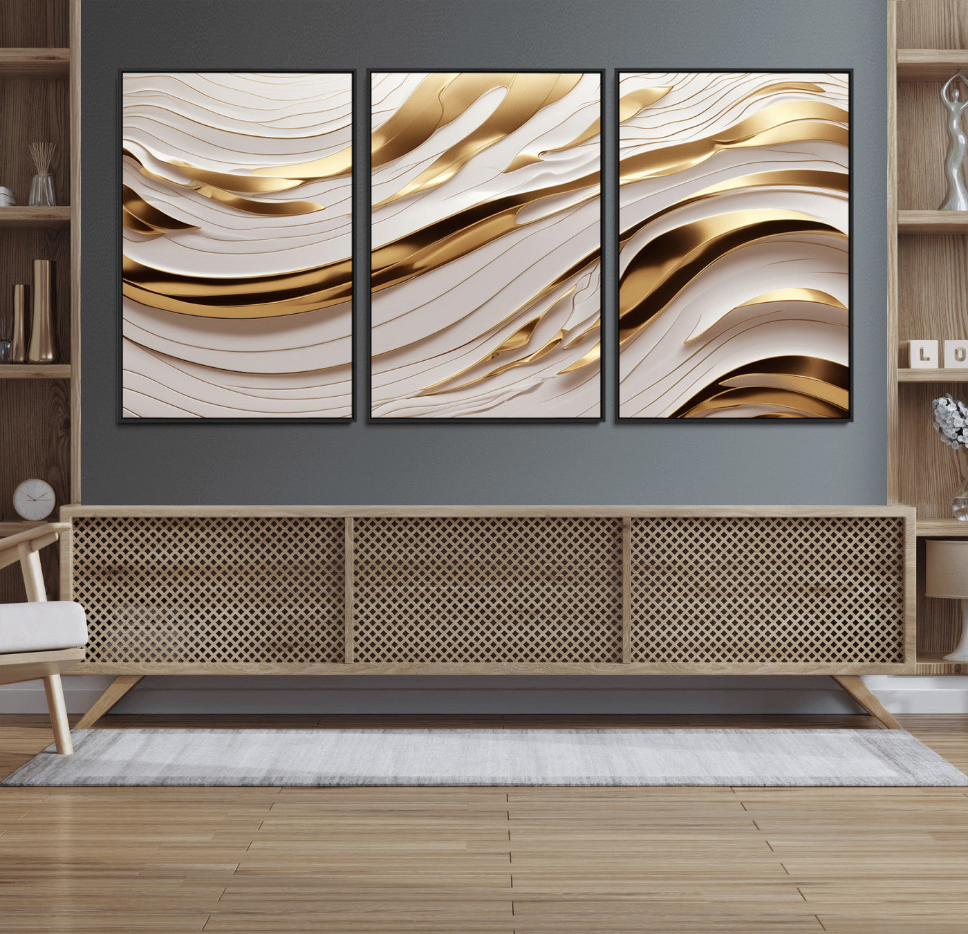 41237-MGV-FC-60X30-3P_Black-Gold Waves Wall Art Canvas Print, Framed Elegant Flow Art Picture Print, Luxury Layers Perfect Minimal Luxe Decor Artwork