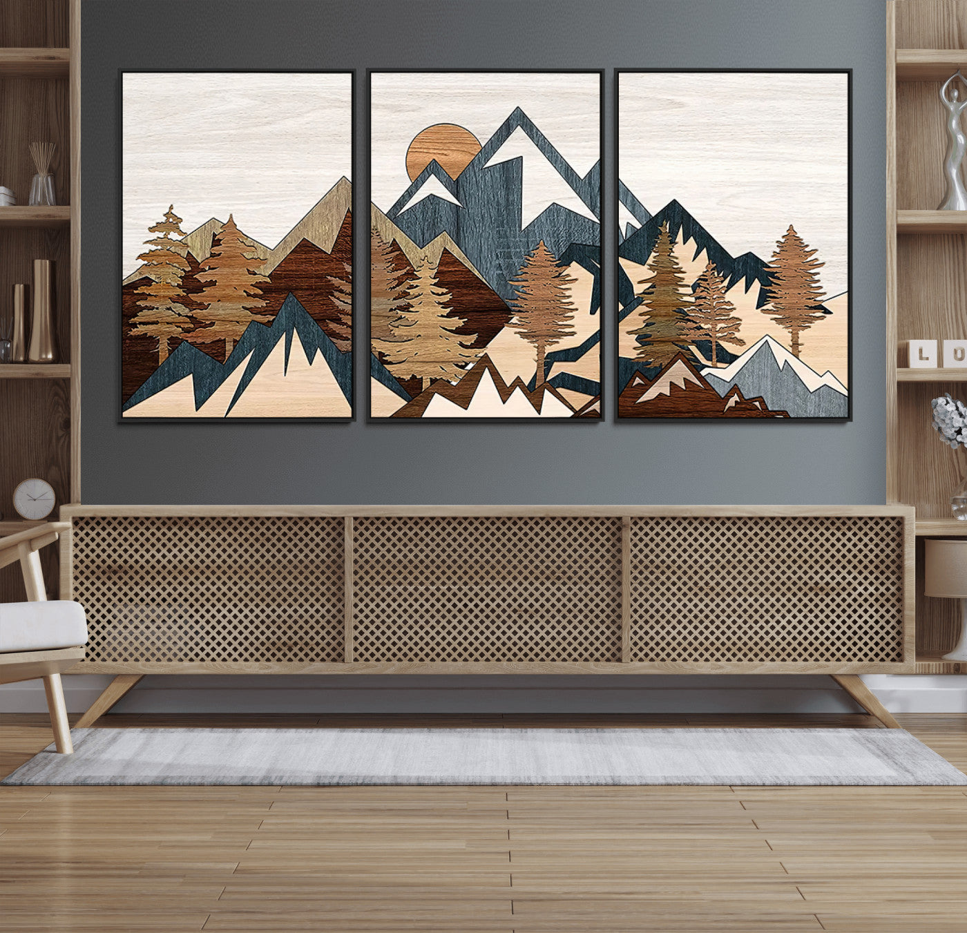 80300-MGV-FC-60X30-3P_Black-Geometric Mountains Wall Art Canvas Print, Framed Stylized Trees Art Picture Print, Graphic Forest Perfect Rustic Abstract Decor
