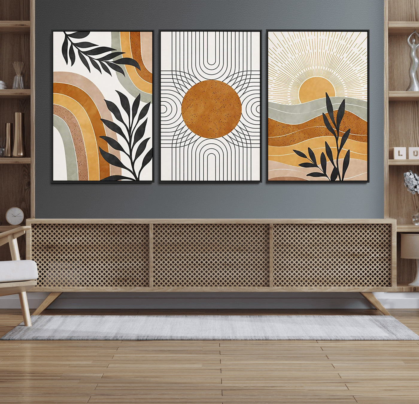 32359-MGV-FC-60X30-3P_Black-Modern Sun Wall Art Canvas Print, Framed Retro Horizon Art Picture Print, Sunburst Design Perfect Mid Century Boho Decor Artwork