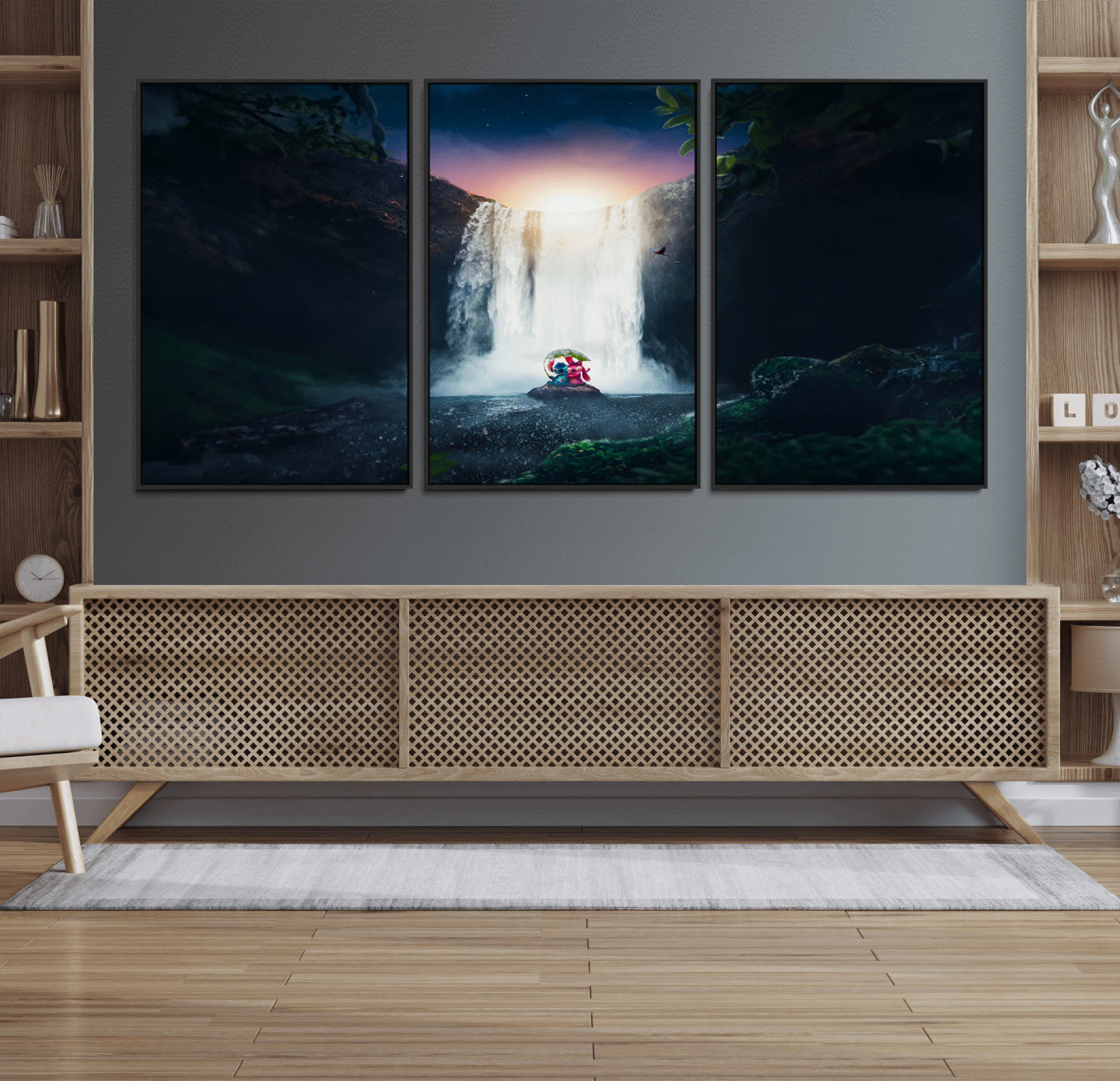 56359-MGV-CV-36X24-Lilo Stitch Wall Art Canvas Print, Framed Stitch Angel Art Picture Print, Cartoon Waterfall Perfect Tropical Fantasy Decor Artwork