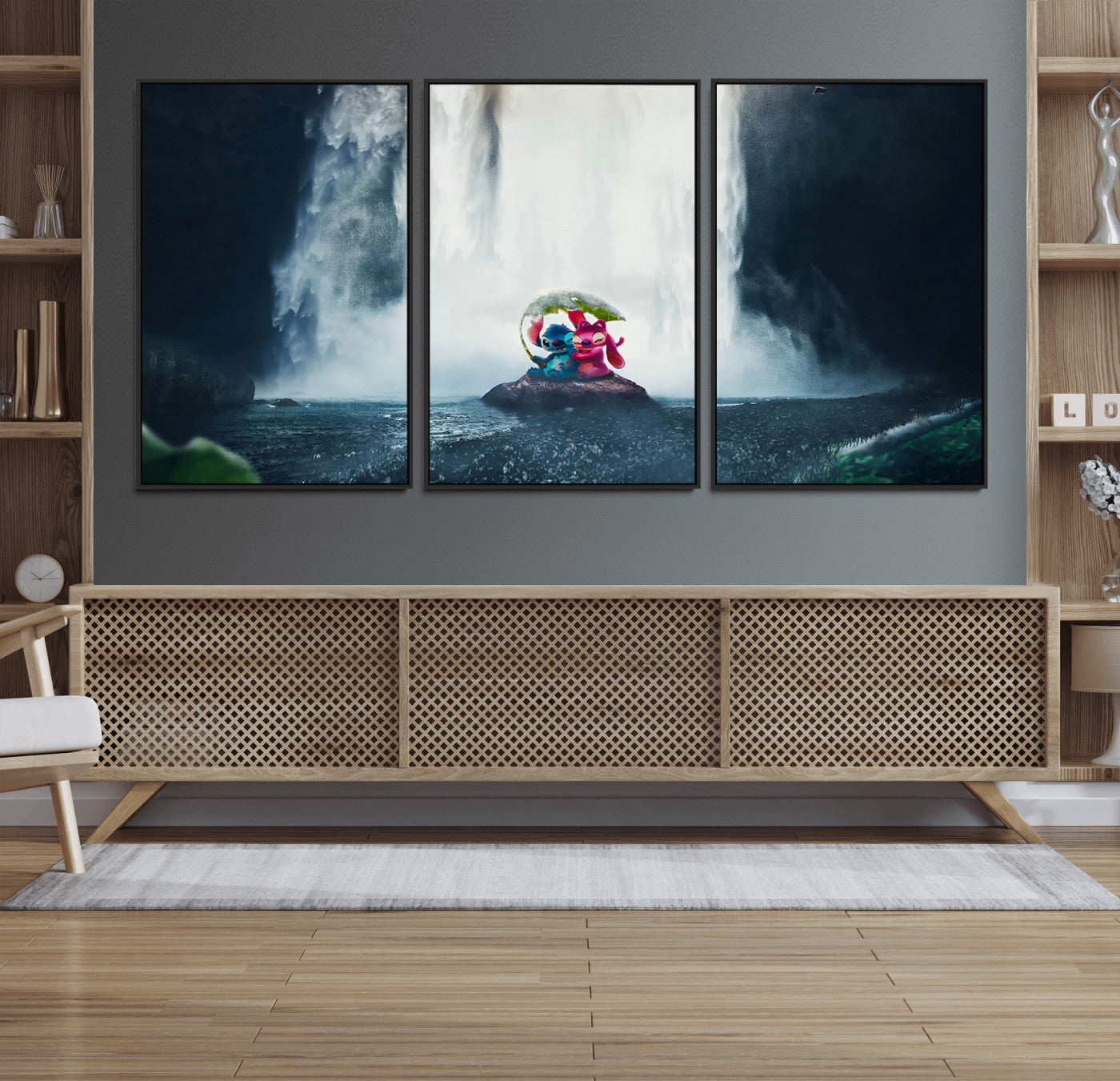 32259-MGV-CV-36X24-Stitch Angel Wall Art Canvas Print, Framed Stitch Waterfall Art Picture Print, Cartoon Couple Perfect Moody Fantasy Decor Artwork