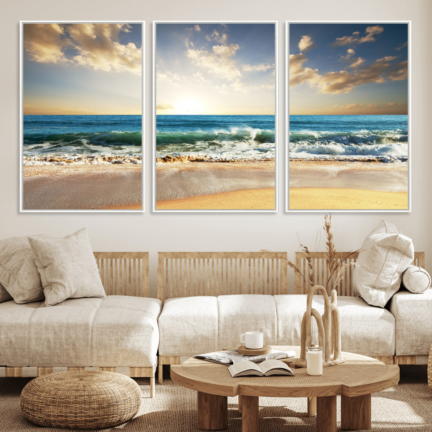 13139-MGV-FC-60X30-3P_White-Sunrise Beach Wall Art – Ocean Waves and Golden Sand Canvas Print, Coastal Home Decor for Living Room, Bedroom, or Office