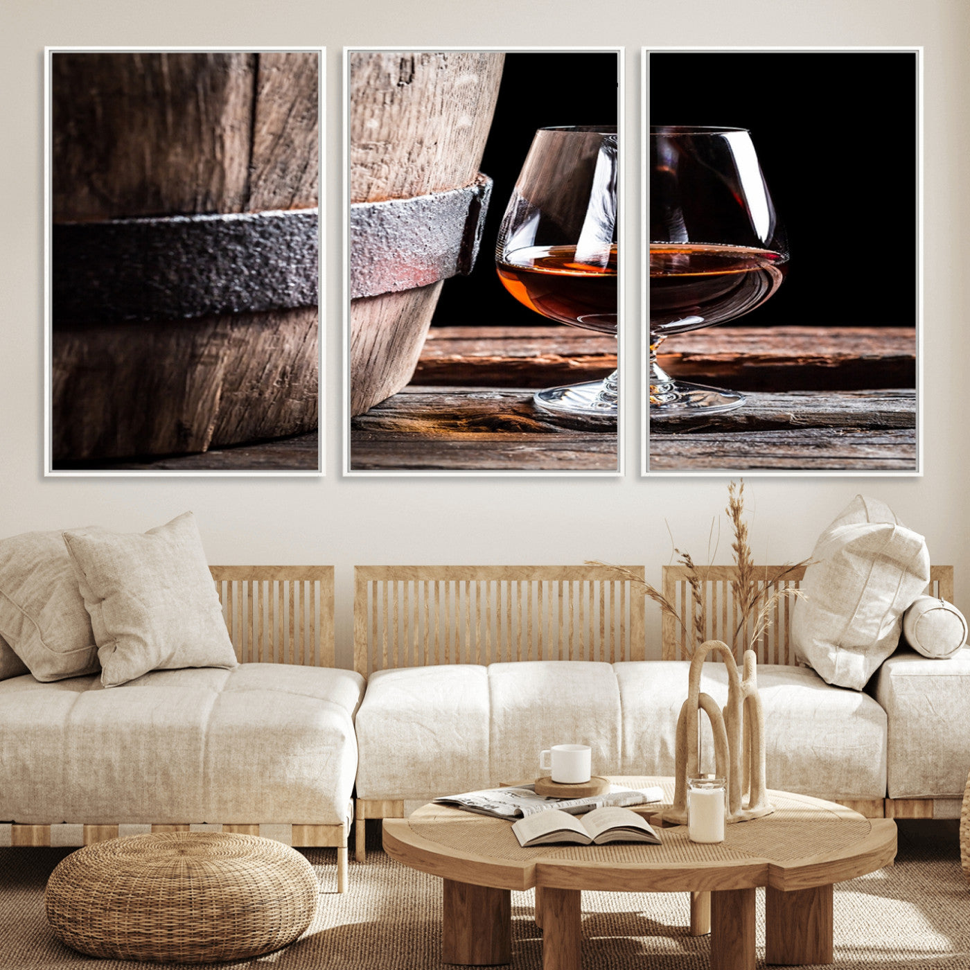 50839-MGV-FC-60X30-3P_White-Barrel & Brandy Wall Art – Rustic Whiskey Barrel and Brandy Glass Canvas Print, Elegant Home Bar or Lounge Decor for Office, Man
