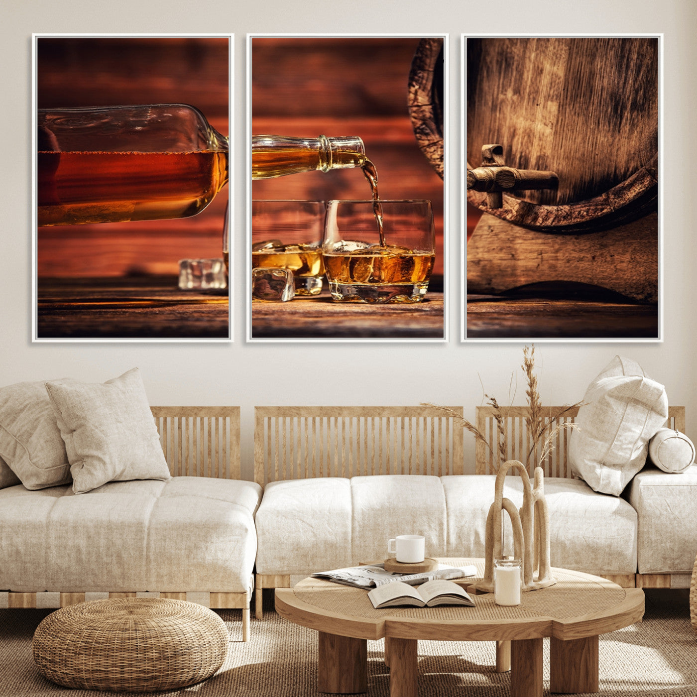 52458-MGV-FC-60X30-3P_White-Whiskey Pour Wall Art – Elegant Whiskey Bottle Pouring into Glasses Canvas Print, Refined Bar or Lounge Decor for Home, Office, or