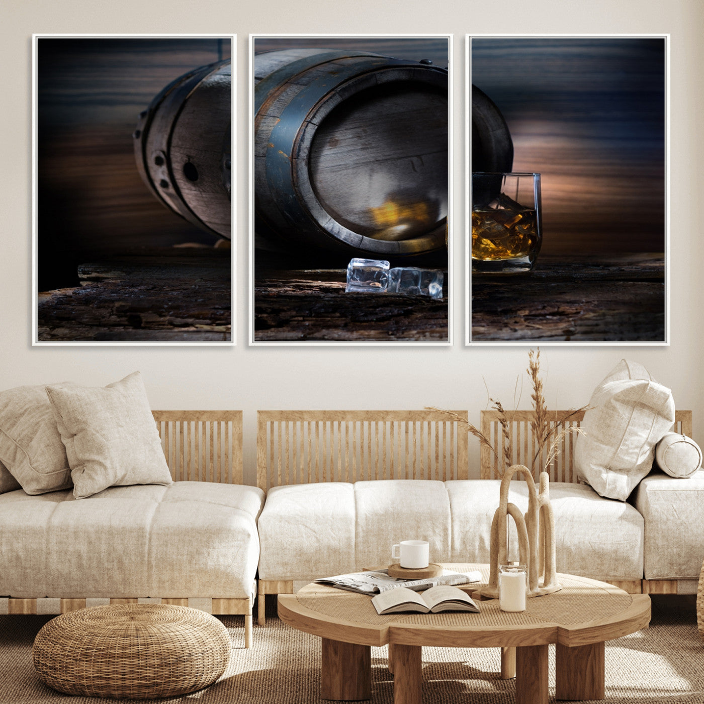 78049-MGV-FC-60X30-3P_White-Whiskey Barrel Wall Art – Rustic Whiskey Barrel and Glass with Ice Canvas Print, Classic Bar or Lounge Decor for Home, Office, or