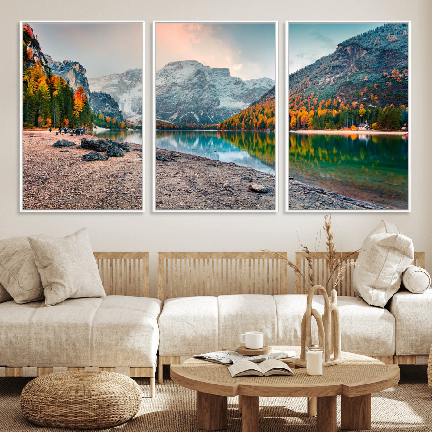 25982-MGV-FC-60X30-3P_White-Autumn Mountain Lake Wall Art – Panoramic Fall Foliage and Snowy Peaks Canvas Print, Scenic Nature Decor for Living Room or Office