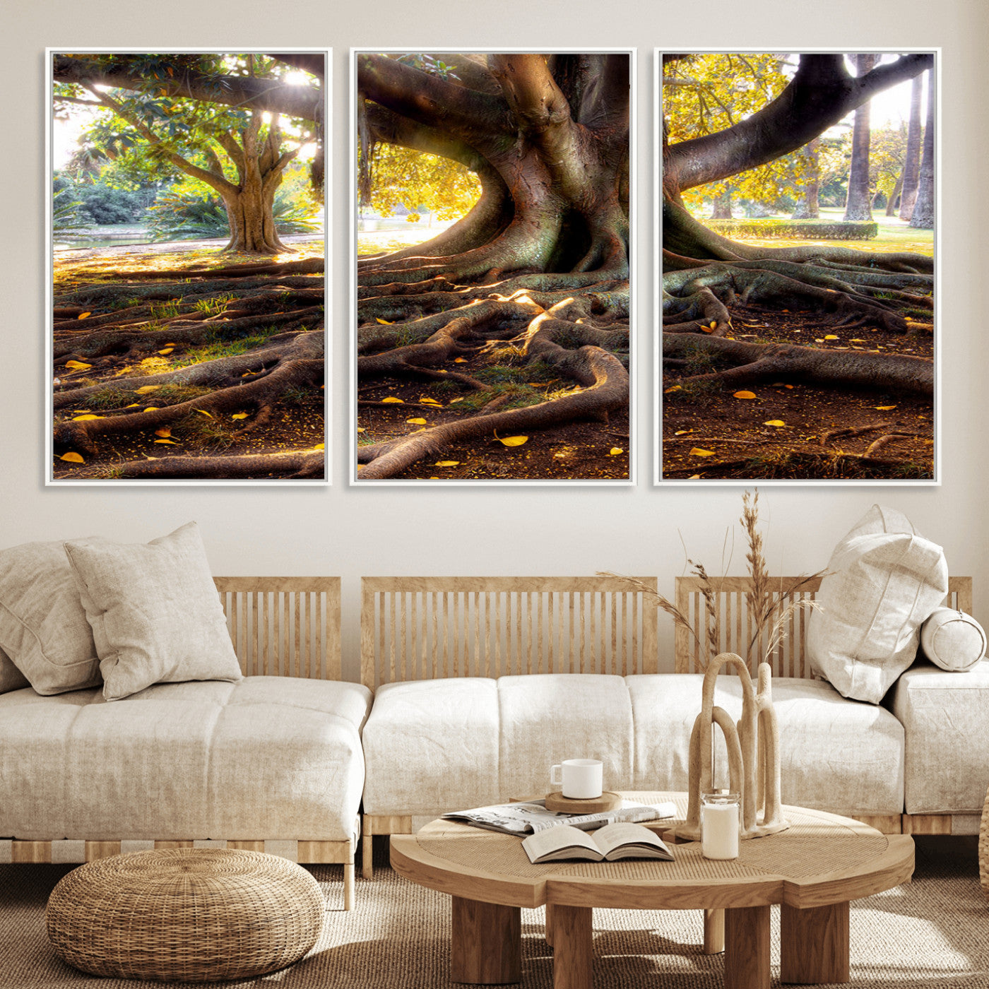 53335-MGV-FC-60X30-3P_White-Majestic Tree with Sprawling Roots Wall Art – Serene Sunlit Park Scene, Nature Canvas Print, Perfect for Living Room, Office or