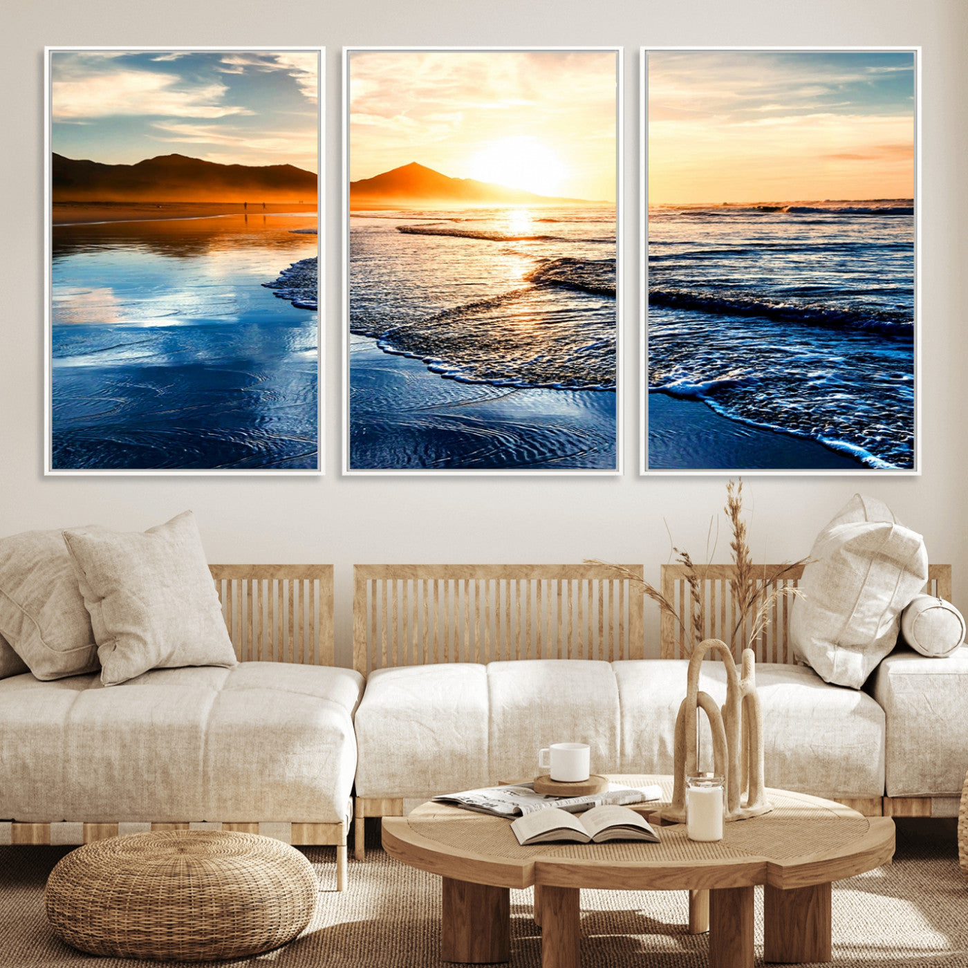 86173-MGV-FC-60X30-3P_White-Golden Sunset Beach Wall Art – Reflective Ocean Canvas Print with Mountains and Waves, Coastal Nature Decor for Living Room,