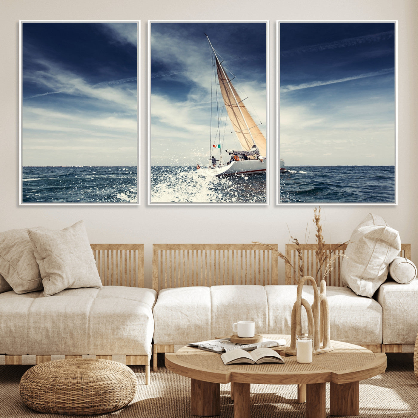75430-MGV-FC-60X30-3P_White-Sailing Boat Wall Art – Dynamic Ocean Yacht Canvas Print, Nautical Decor for Living Room, Office, Beach House or Cabin