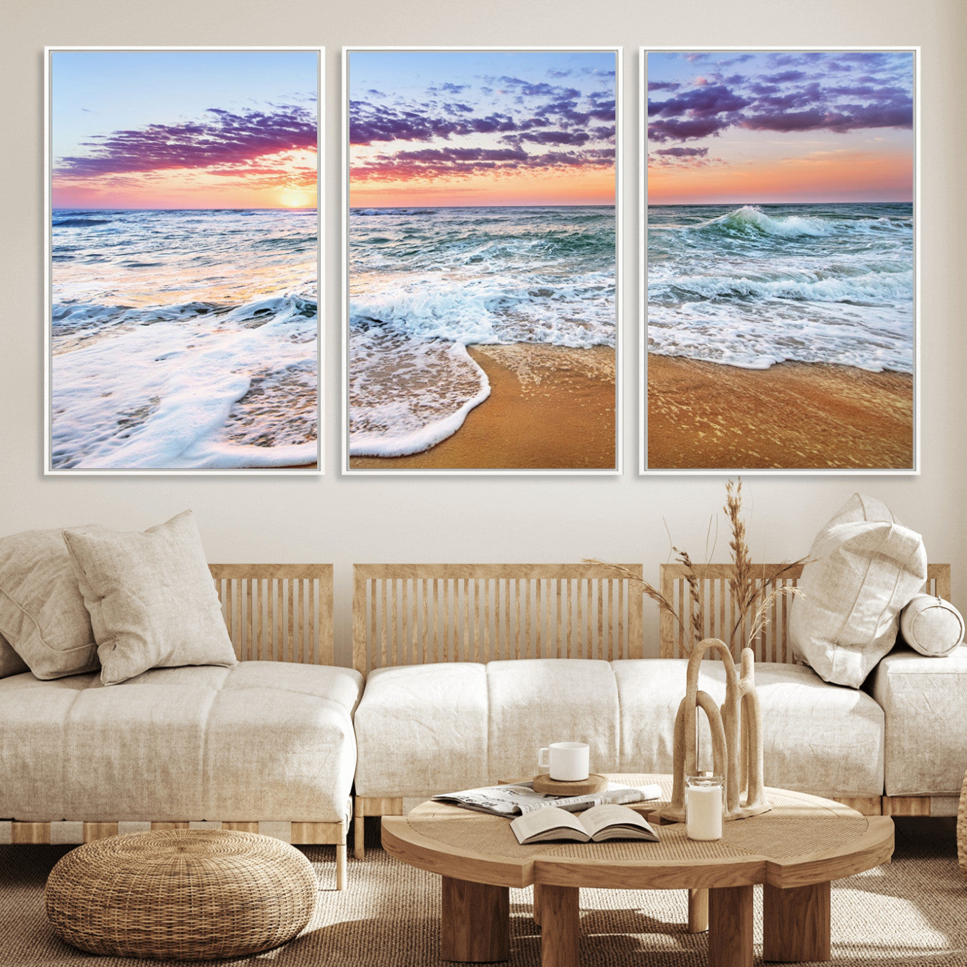 53006-MGV-FC-60X30-3P_White-Ocean Beach Sunset Wall Art – Vibrant Seascape Canvas Print, Coastal Home Decor for Living Room, Bedroom, Office or Beach House