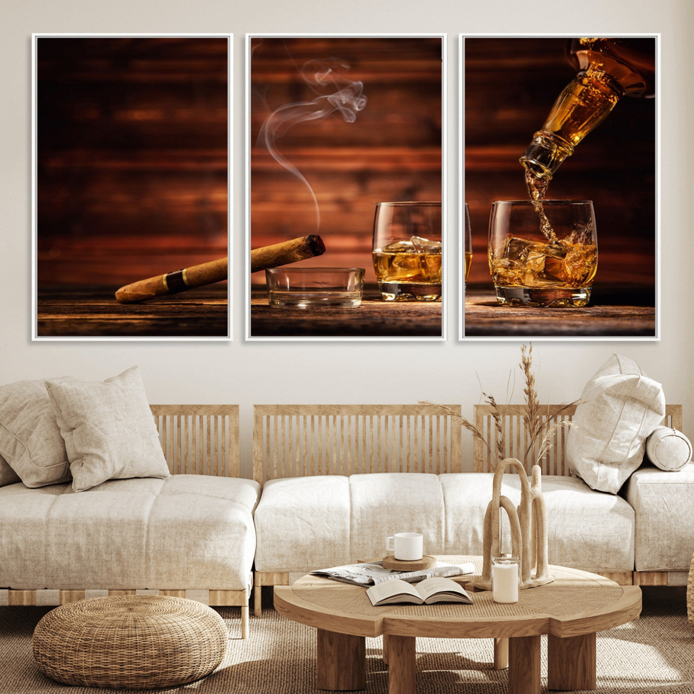 41139-MGV-FC-60X30-3P_White-Whiskey and Cigar Still Life – Glasses with Ice and Pouring Amber Drink on Wooden Table with Smoke, Elegant Bar or Lounge Wall