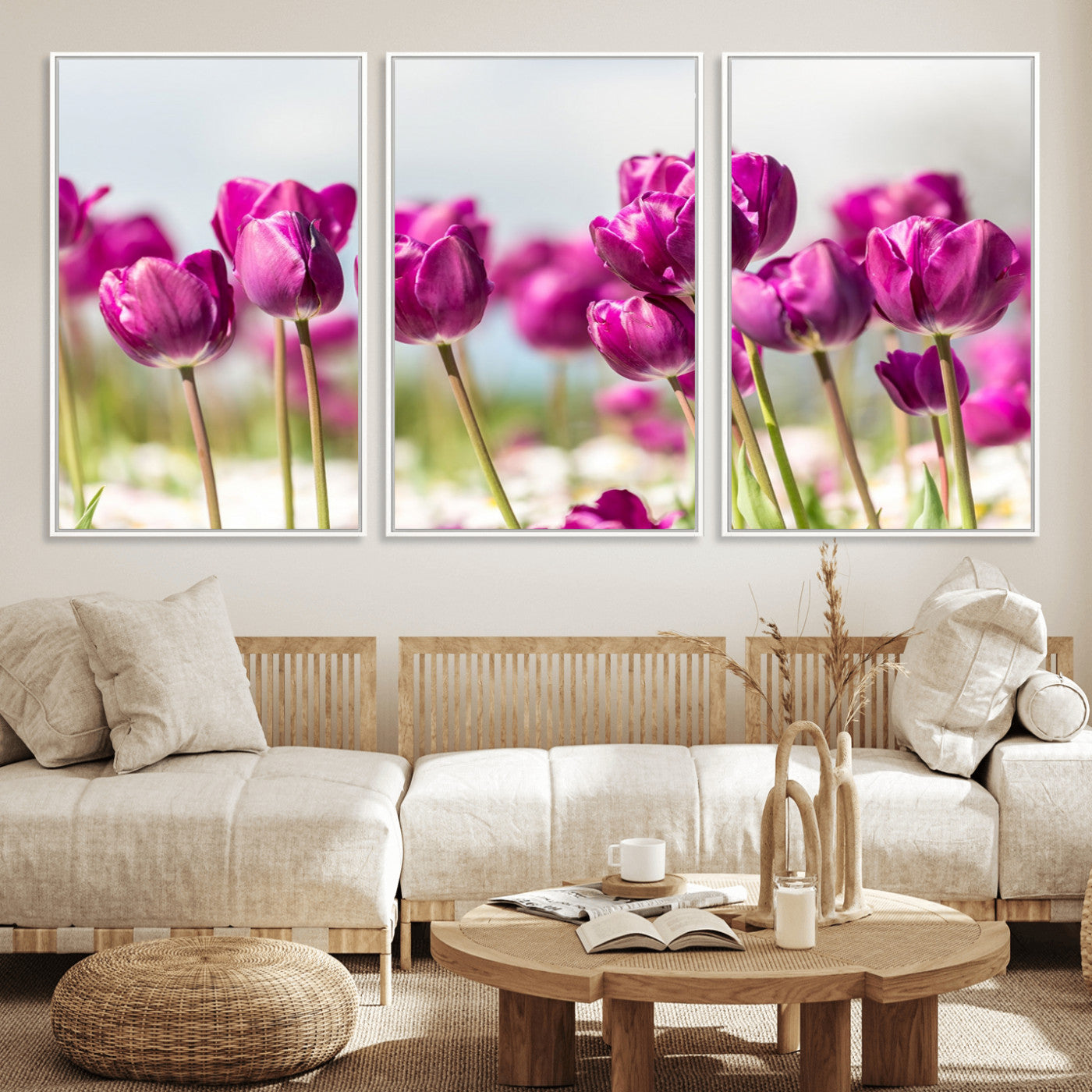 30632-MGV-FC-60X30-3P_White-Purple Tulip Field Wall Art – Beautiful Spring Flowers Canvas Print with Soft Focus and Bright Sky, Ideal Floral Decor for Home or