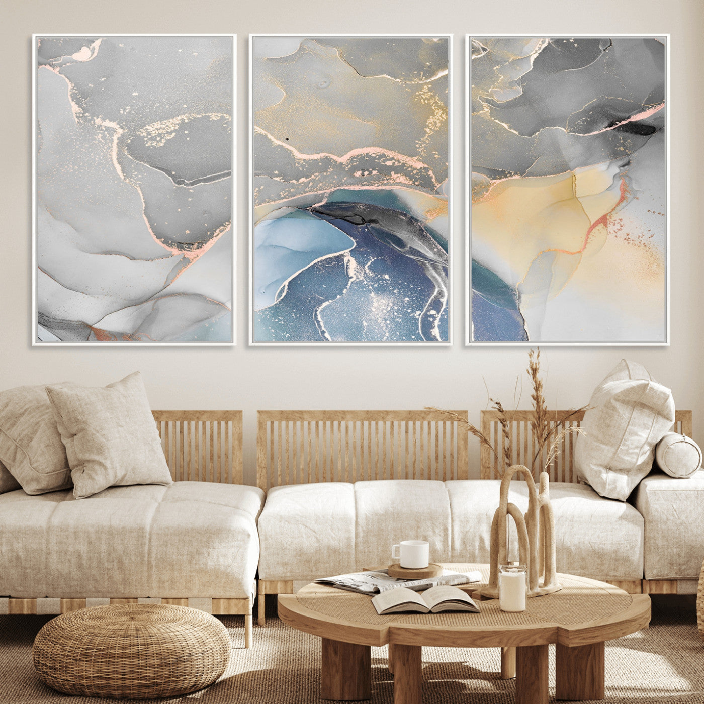 63211-MGV-FC-60X30-3P_White-Abstract Fluid Art Wall Decor – Blue, Gray & Gold Canvas Print, Modern Home and Office Wall Art Decor for Living Room, Bedroom or