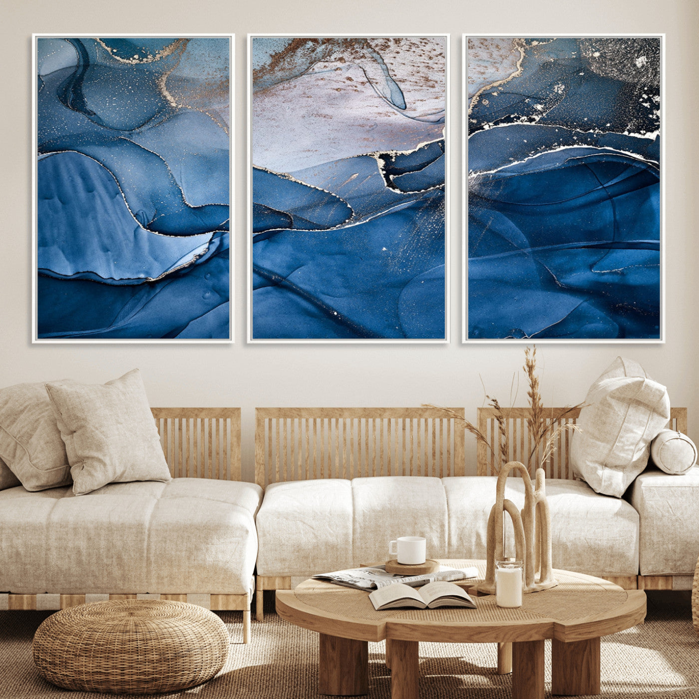 27810-MGV-FC-60X30-3P_White-Abstract Blue Gold Fluid Art Wall – Modern Canvas Print, Elegant Home & Office Wall Art, Stylish Living Room or Bedroom Decor