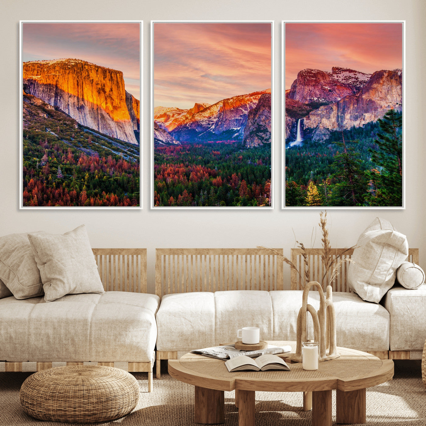 24519-MGV-FC-60X30-3P_White-Yosemite Valley Sunset Wall Art – Majestic Mountain Landscape with Waterfall and Vibrant Sky, Nature Photography for Home or