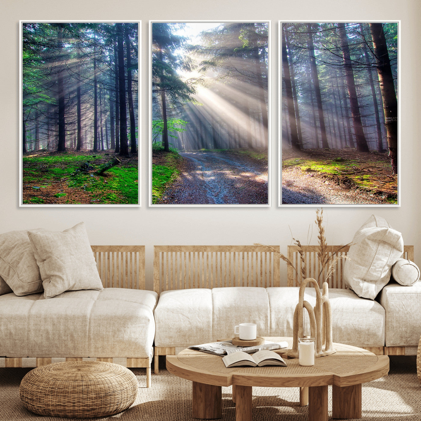 42047-MGV-FC-60X30-3P_White-Sunlit Forest Path Wall Art – Nature Canvas Print, Serene Woodland Landscape, Perfect Home & Office Decor for Calm and Tranquil