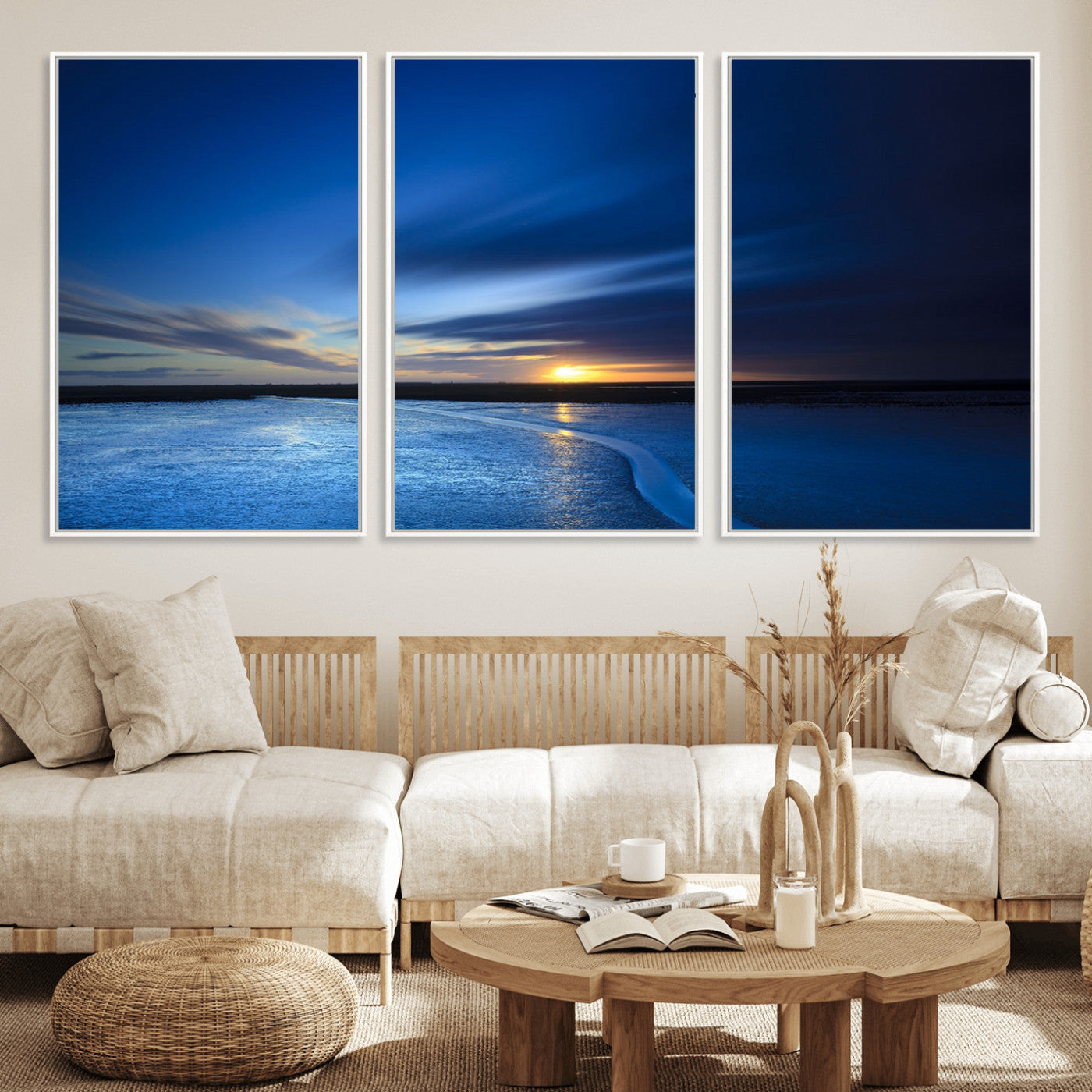65405-MGV-CV-36X24-Blue Sunrise Seascape Wall Art – Tranquil Ocean Horizon Canvas Print with Golden Sunlight and Deep Sky, Coastal Landscape Decor