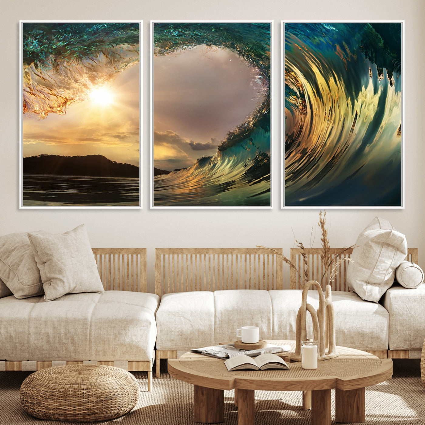 38256-MGV-CV-36X24-Ocean Wave Wall Art – Stunning Sunrise Through Curling Wave Canvas Print, Coastal Surf Photography Seascape Decor for Living Room,