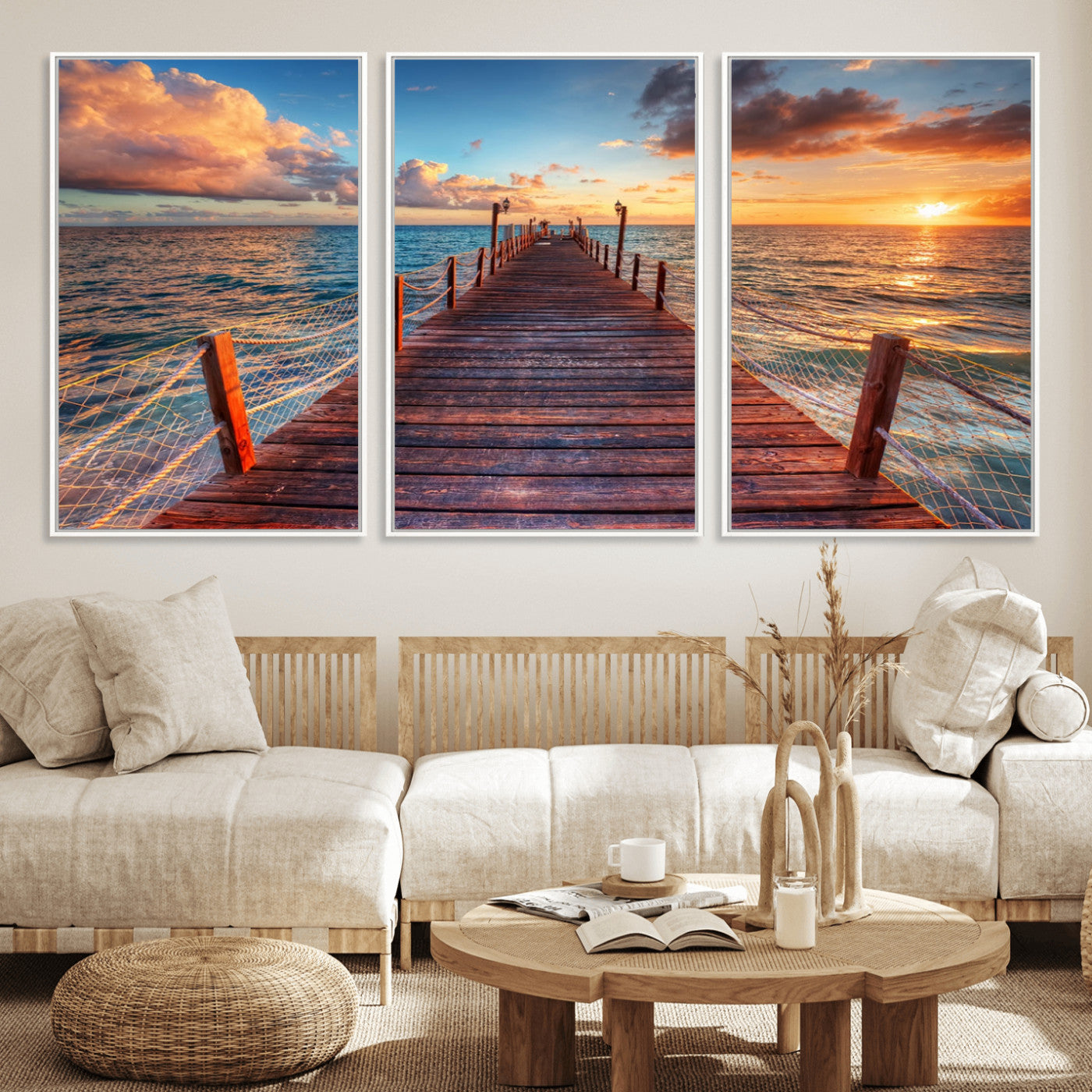28836-MGV-CV-36X24-Ocean Pier Sunset Wall Art – Wooden Dock and Golden Horizon Canvas Print, Coastal Seascape Photography for Living Room, Bedroom,