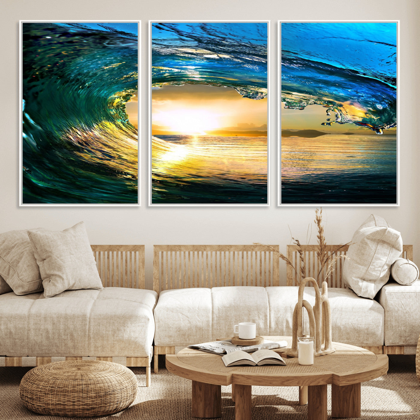 19378-MGV-CV-36X24-Ocean Wave Sunset Wall Art – Vibrant Surf and Golden Horizon Canvas Print, Coastal Seascape Photography for Living Room, Bedroom,