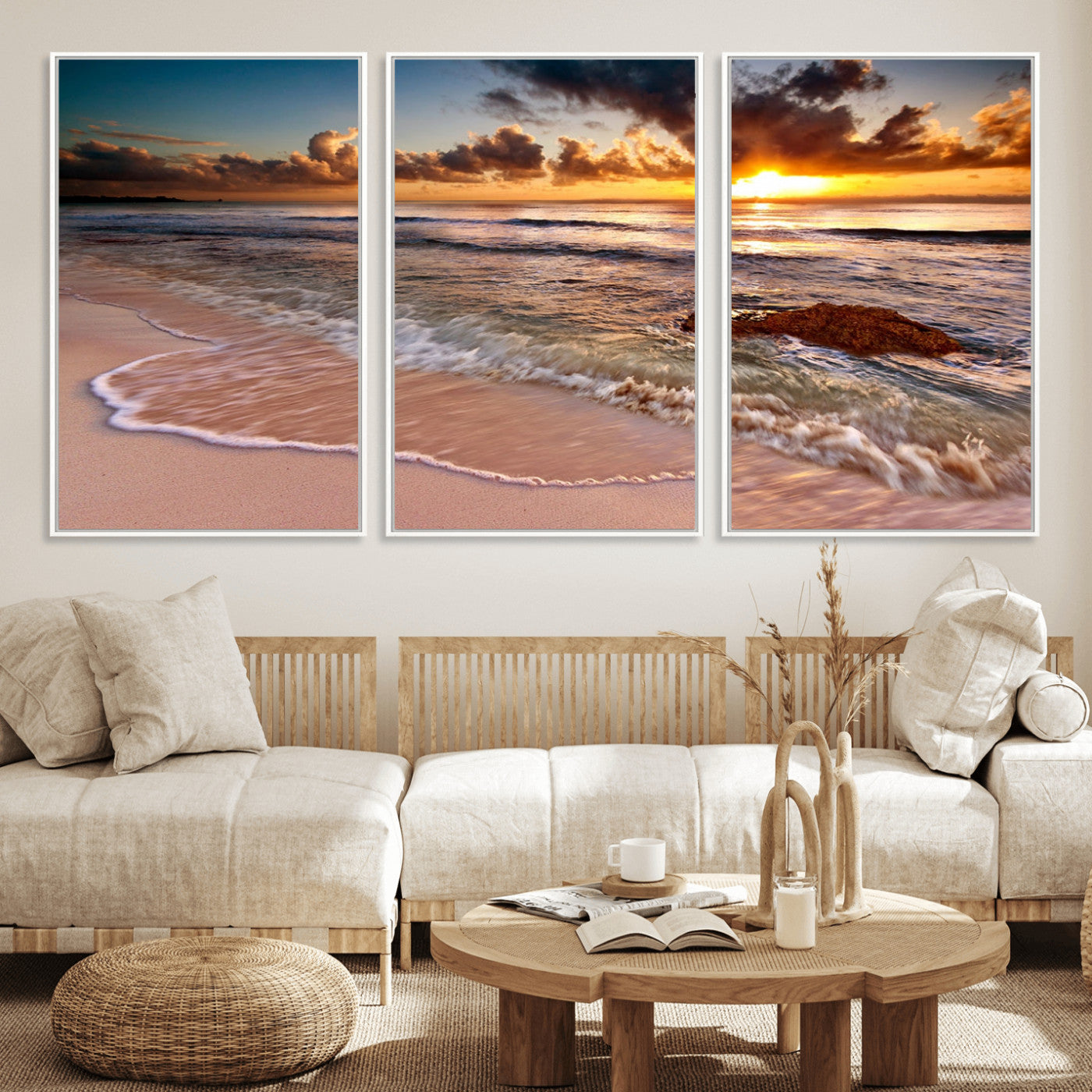 80979-MGV-CV-36X24-Golden Sunrise Beach Wall Art – Ocean Waves and Sandy Shore Canvas Print, Coastal Sunset Photography Artwork for Living Room,