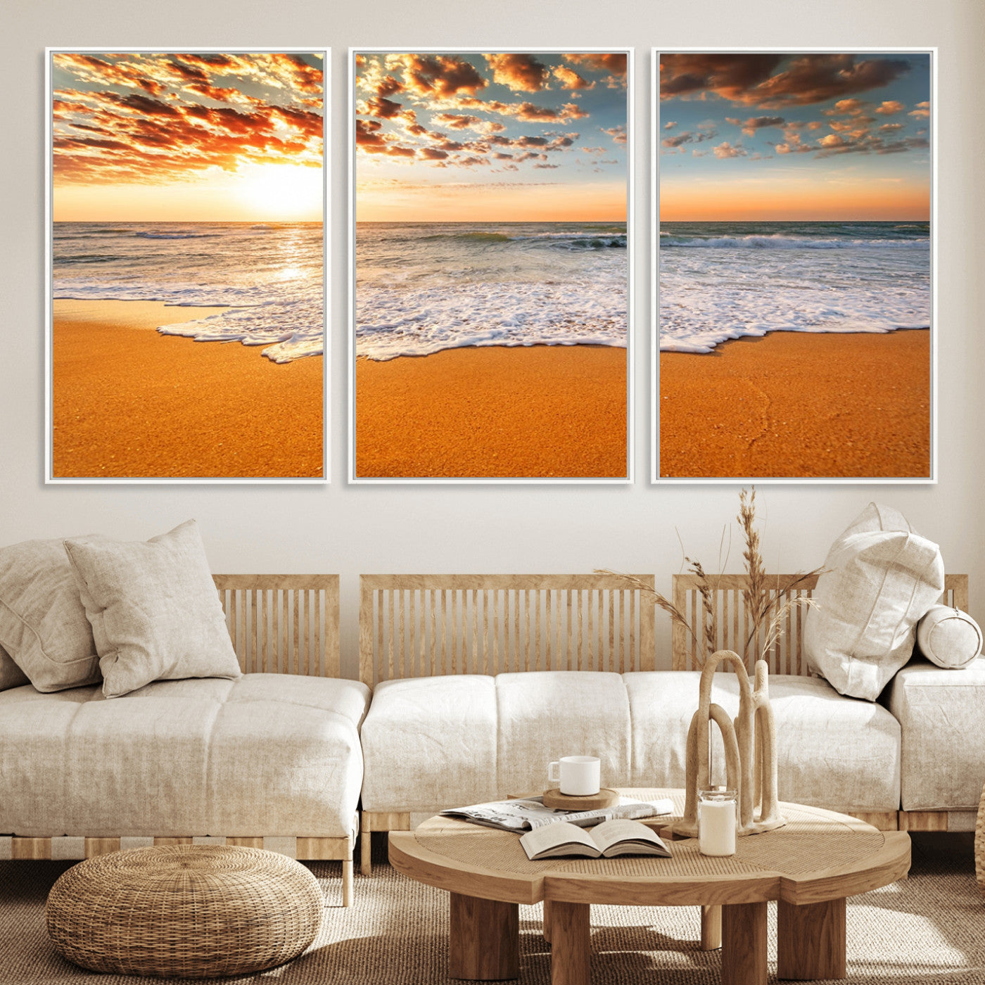 15399-MGV-CV-36X24-Golden Sunrise Beach Wall Art – Ocean Waves on Sandy Shore Canvas Print, Coastal Seascape Decor for Living Room or Bedroom