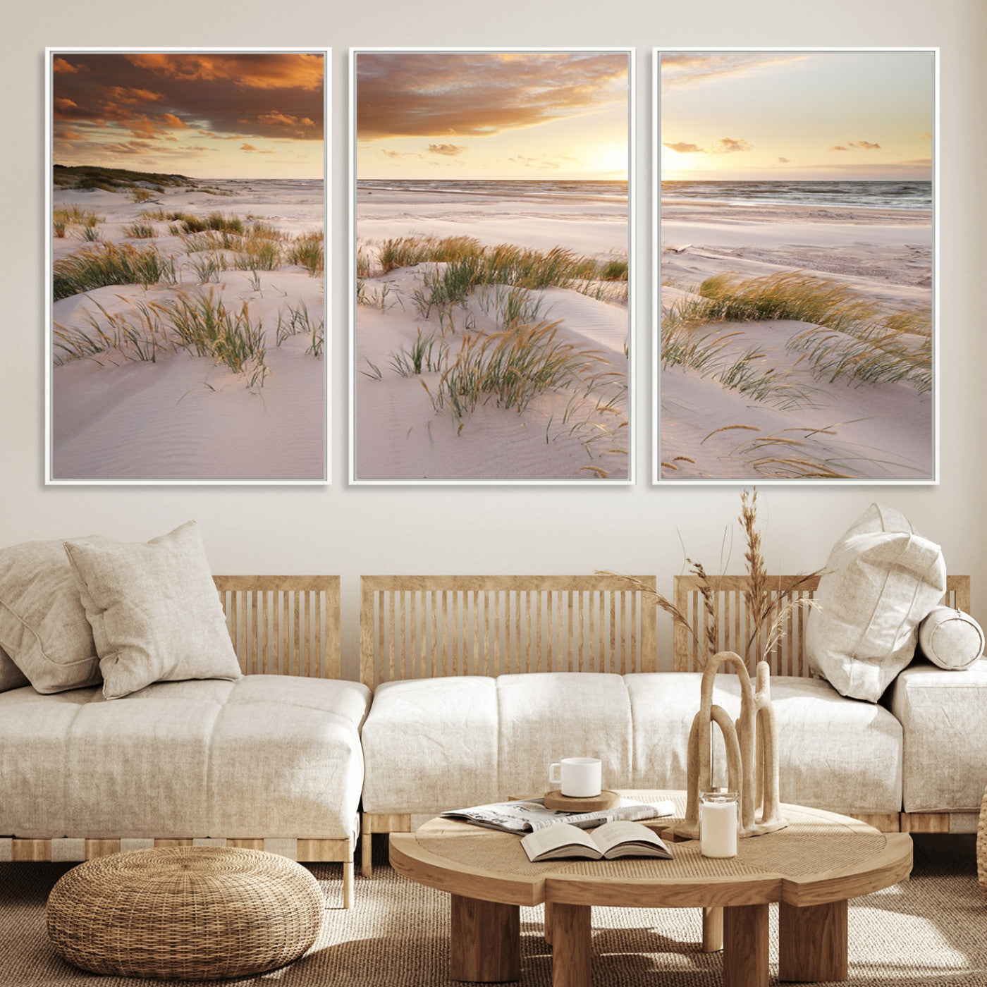 61246-MGV-CV-36X24-Coastal Sand Dunes Wall Art – Serene Beach Sunset Canvas Print with Grasses and Ocean View, Tranquil Seaside Decor for Living Room