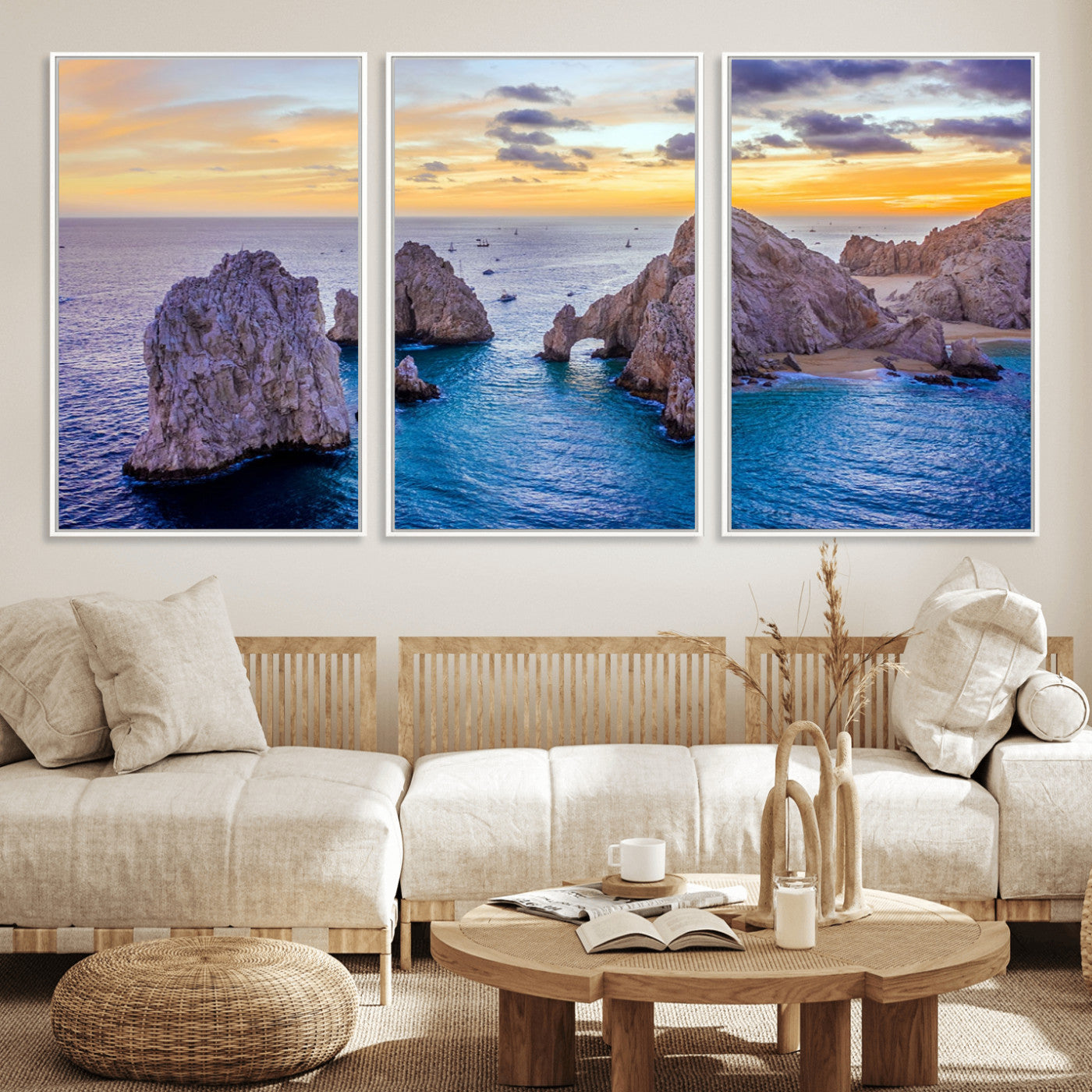 72955-MGV-CV-36X24-Ocean Rock Formation Wall Art – Sunset Coastal Seascape Print, Beach Landscape Decor for Living Room or Office