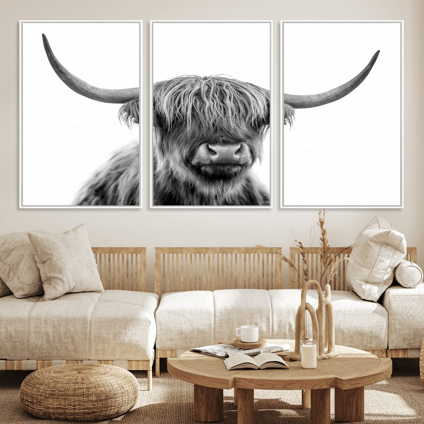 10123-MGV-CV-36X24-Black and White Highland Cow Wall Art – Modern Farmhouse Animal Print, Rustic Scottish Bull Canvas Decor for Living Room, Bedroom,