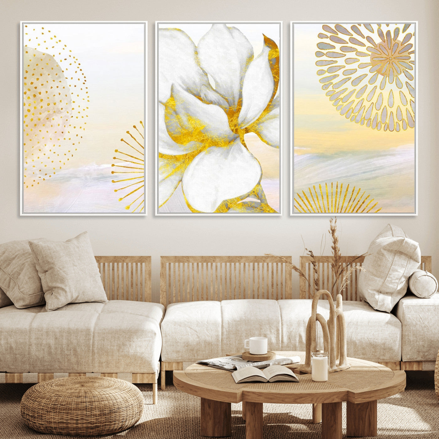 82301-MGV-CV-60X30-3P-Modern Floral Wall Art – White Flower with Gold Detailing Canvas Print, Elegant Abstract Artwork for Living Room, Bedroom, or