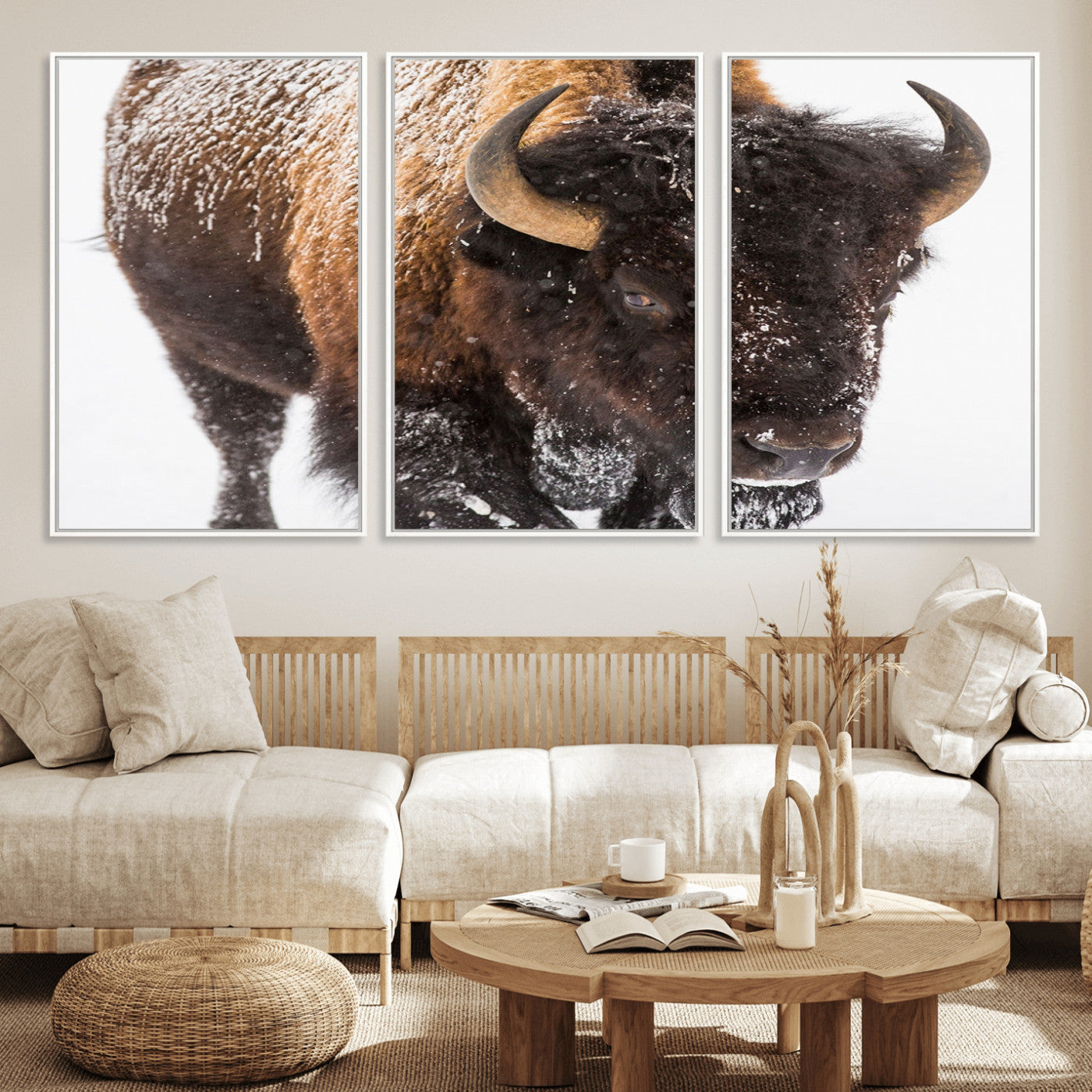 65605-MGV-CV-36X24-Snow Bison Wall Art – Close Up Buffalo Canvas Print, Rustic Western Wildlife Photography, Farmhouse Cabin Lodge Decor for Living