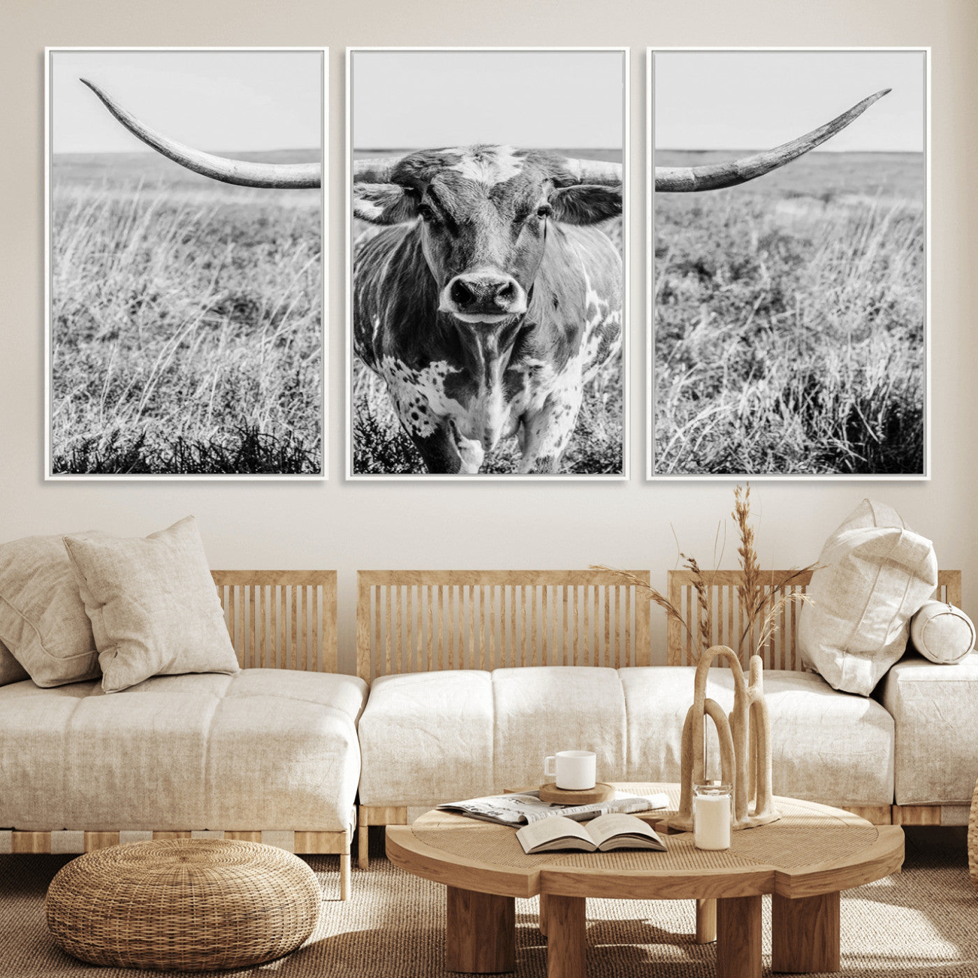 77320-MGV-CV-36X24-Texas Longhorn Wall Art – Black and White Western Cattle Canvas Print, Rustic Farmhouse Animal Photography Decor for Living Room,