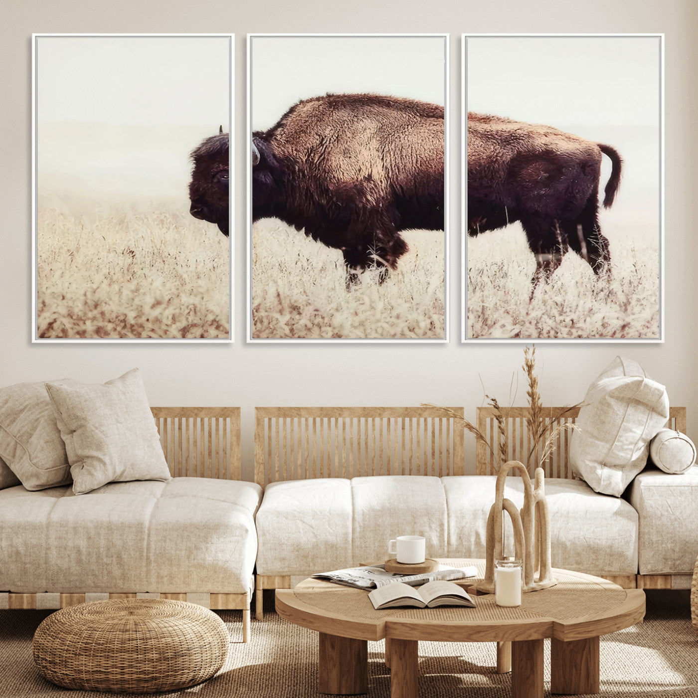 48406-MGV-CV-36X24-American Bison Wall Art – Rustic Buffalo Canvas Print in Prairie Field, Western Wildlife Photography Decor for Cabin, Lodge,