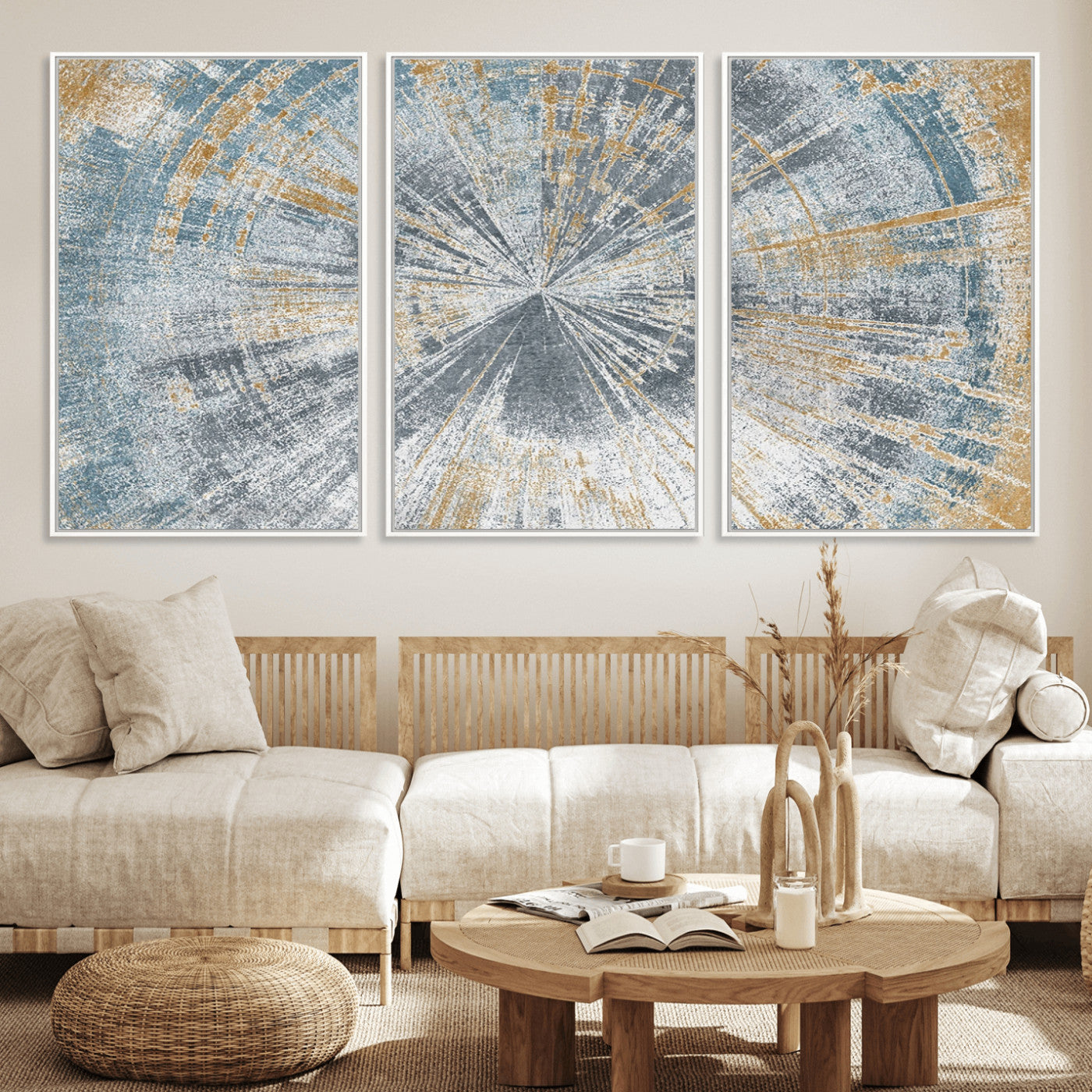 17631-MGV-CV-36X24-Radiant Burst Wall Art – Abstract Sunburst Canvas Print in Blue and Gold, Modern Geometric Painting for Living Room, Office or