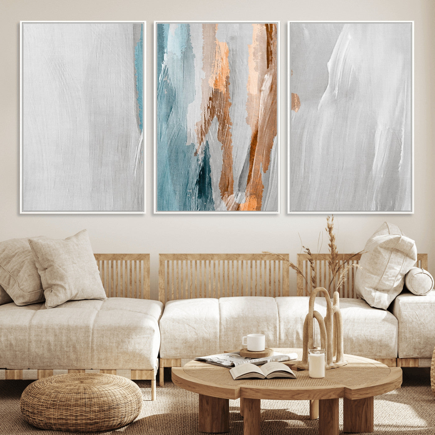 66154-MGV-FC-60X30-3P_White-Abstract Brushstroke Wall Art – Modern Teal and Gold Canvas Print, Minimalist Contemporary Painting for Living Room, Bedroom, or
