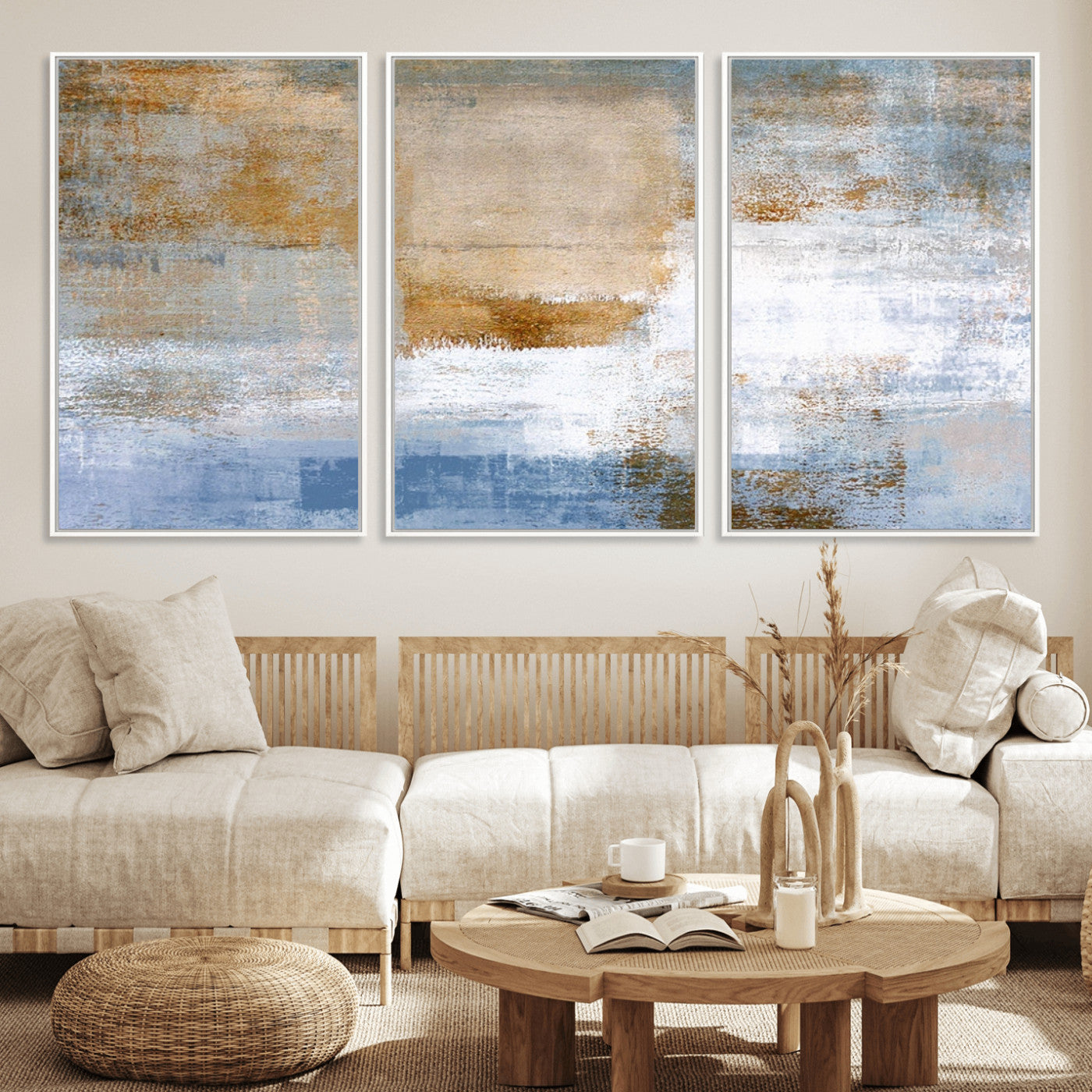 72354-MGV-CV-36X24-Blue and Gold Abstract Wall Art – Modern Minimalist Canvas Print, Textured Contemporary Painting for Living Room, Bedroom, or