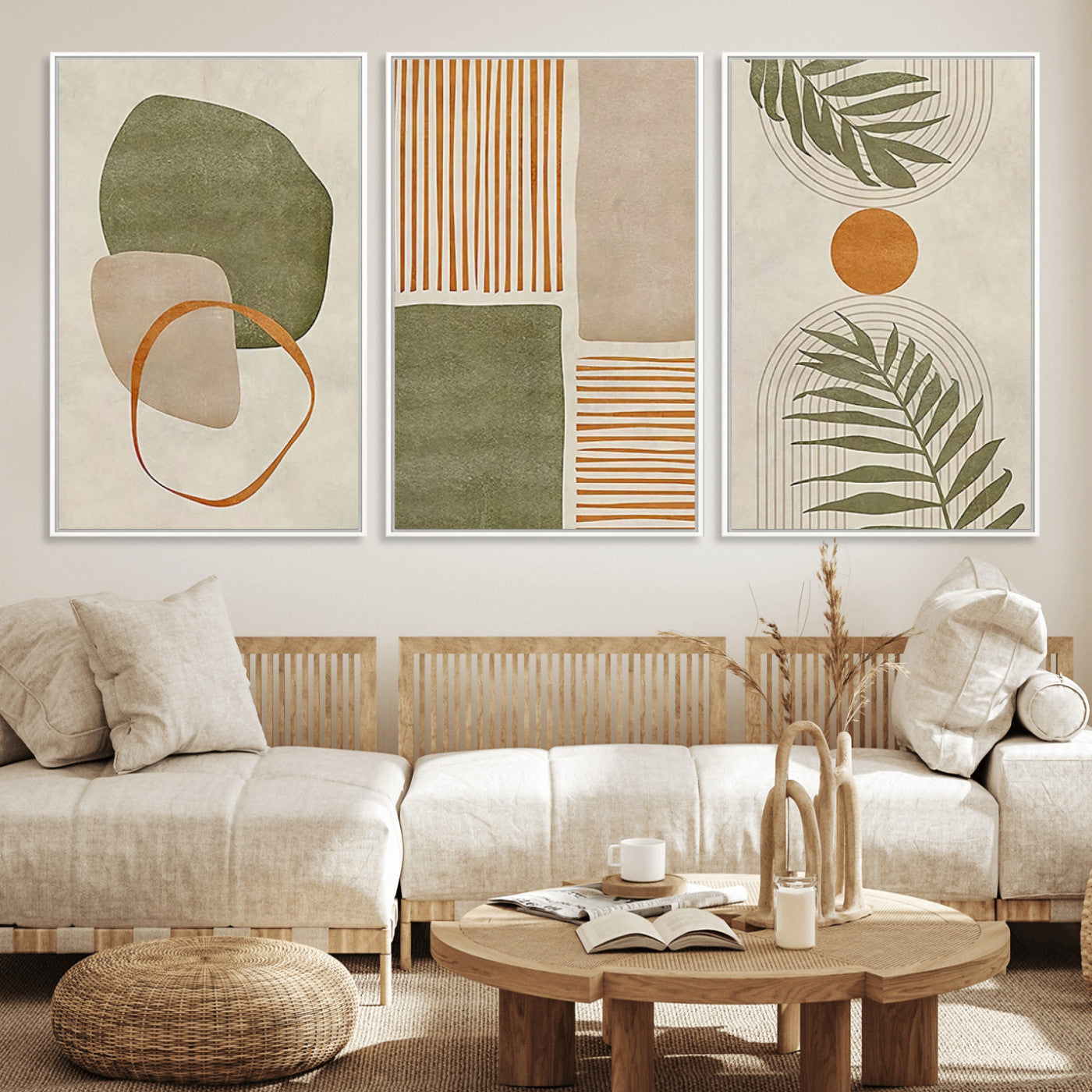 96002-MGV-FC-60X30-3P_White-Abstract Geometric Wall Art – Modern Canvas Print with Green, Orange & Beige Shapes, Minimalist Home Decor for Living Room, Office