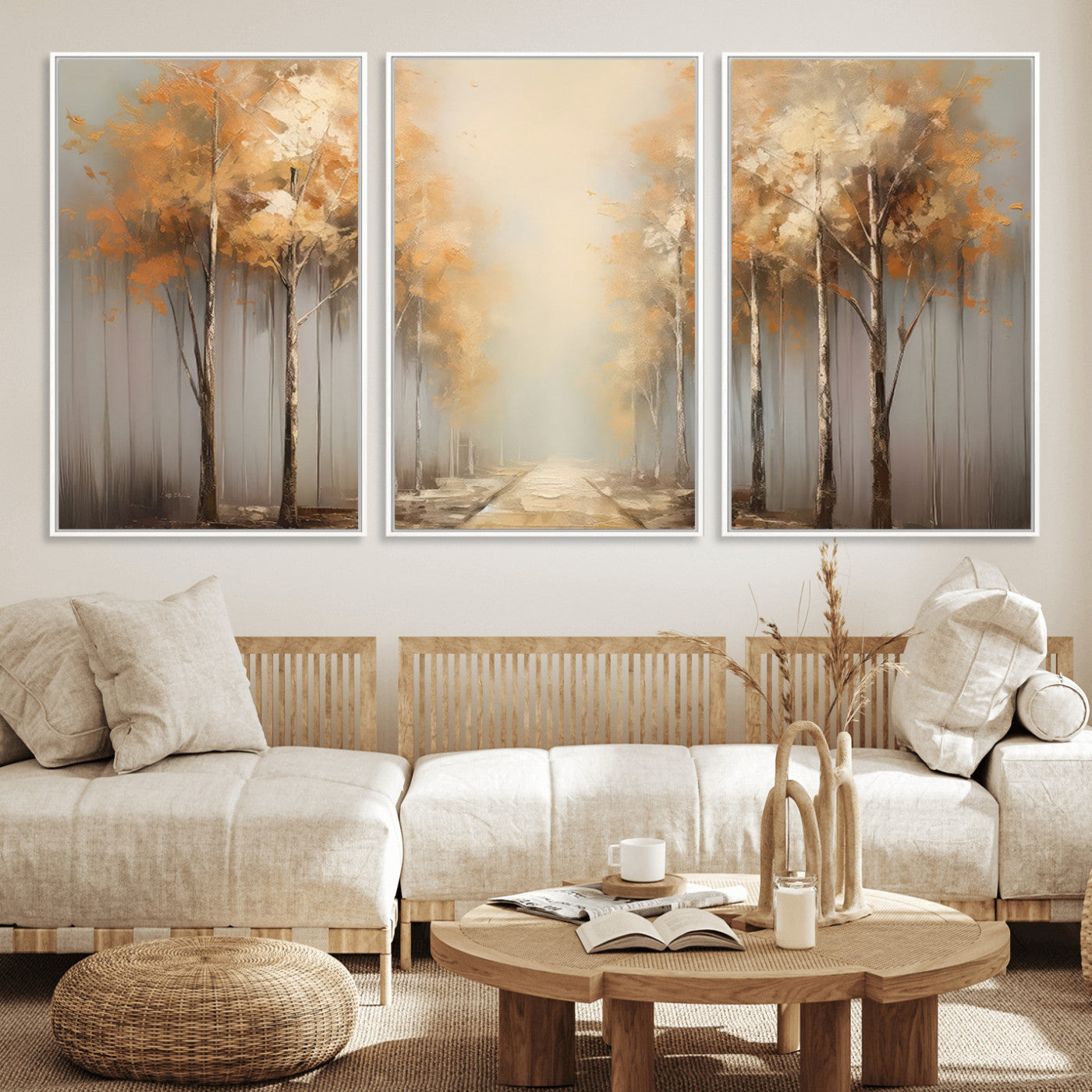 95004-MGV-FC-60X30-3P_White-Autumn Forest Path Wall Art – Hand Painted Canvas Print with Golden Trees, Modern Nature Landscape Decor for Living Room, Bedroom