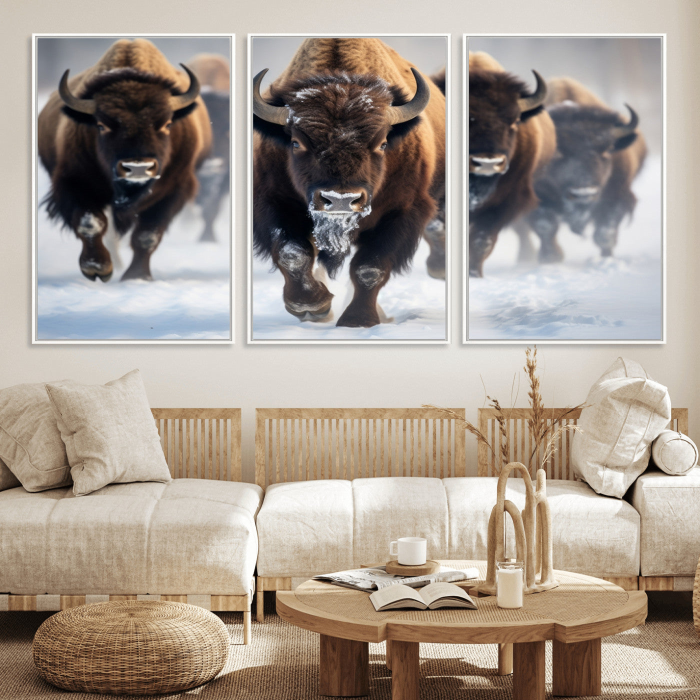 80512-MGV-CV-36X24-Bison Herd Wall Art – Buffalo Running in Snow Canvas Print, Rustic Wildlife Photography Decor for Cabin, Lodge, or Living Room