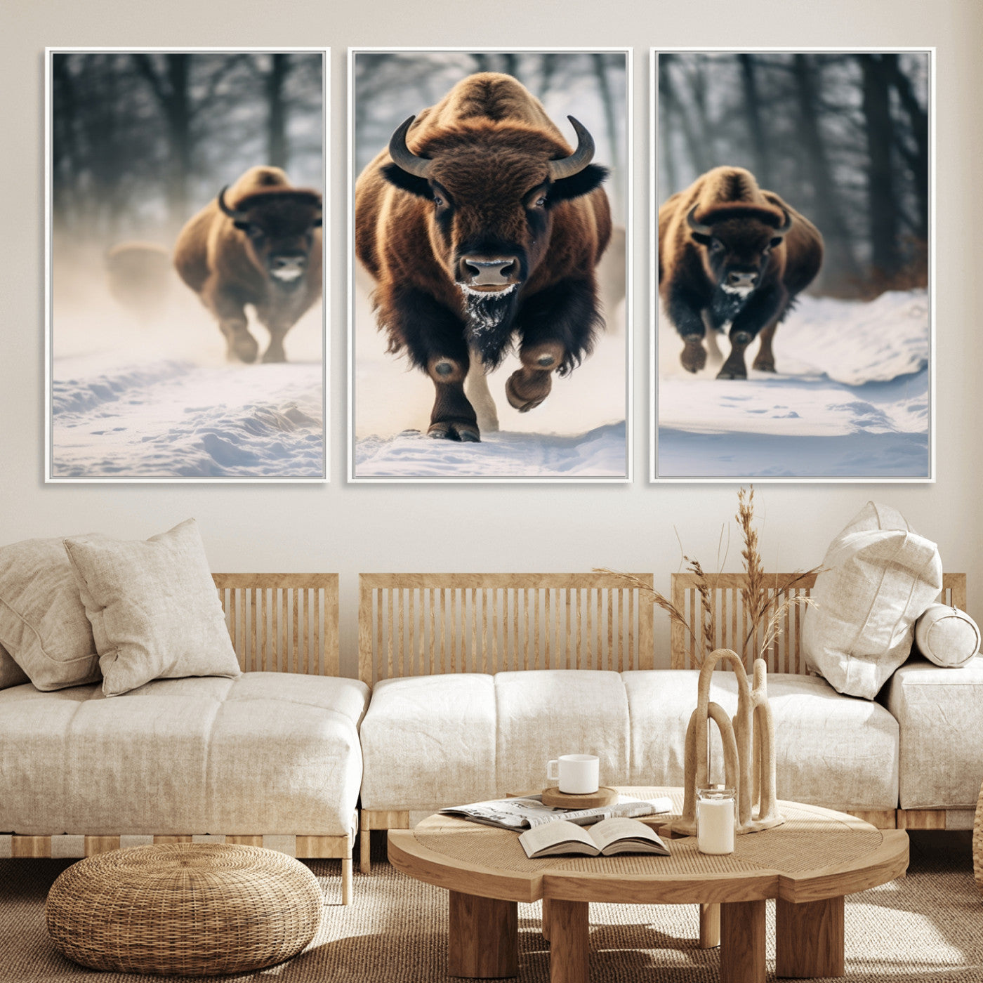 56549-MGV-CV-36X24-Wild Bison Wall Art – Majestic Buffalo Herd Running in Snow Canvas Print, Rustic Wildlife Photography Decor for Cabin, Lodge, or