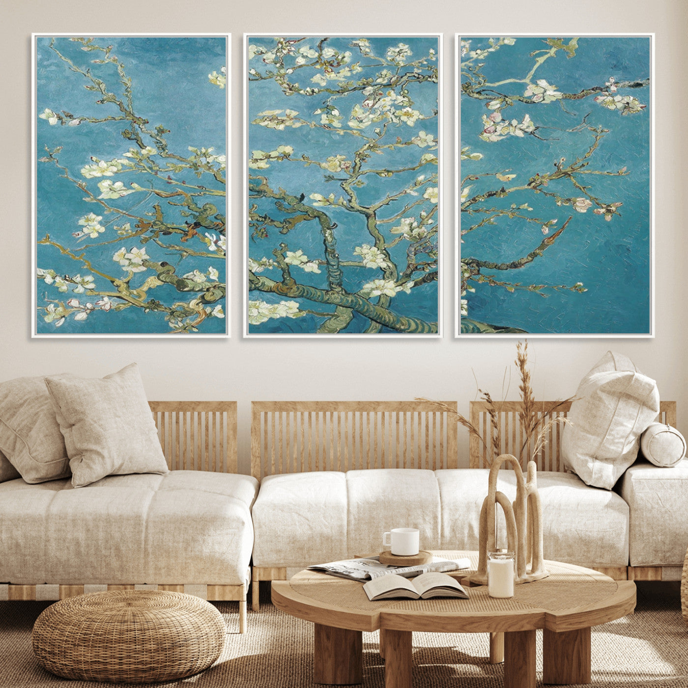 65607-MGV-FC-60X30-3P_White-Almond Blossom Wall Art – Van Gogh Blue Floral Canvas Print, Elegant Impressionist Painting Decor for Living Room, Bedroom or