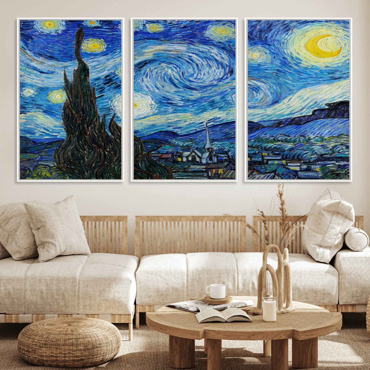39177-MGV-FC-60X30-3P_White-Starry Night Wall Art – Vincent van Gogh Famous Painting Canvas Print, Timeless Starry Sky Decor for Living Room, Bedroom or
