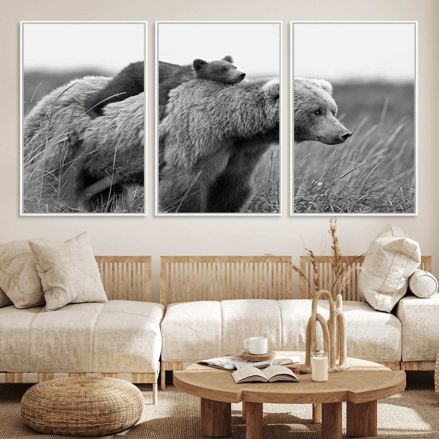 76338-MGV-CV-36X24-Mother Bear and Cub Wall Art – Black and White Wildlife Canvas Print, Rustic Nature Photography for Cabin, Living Room or Office