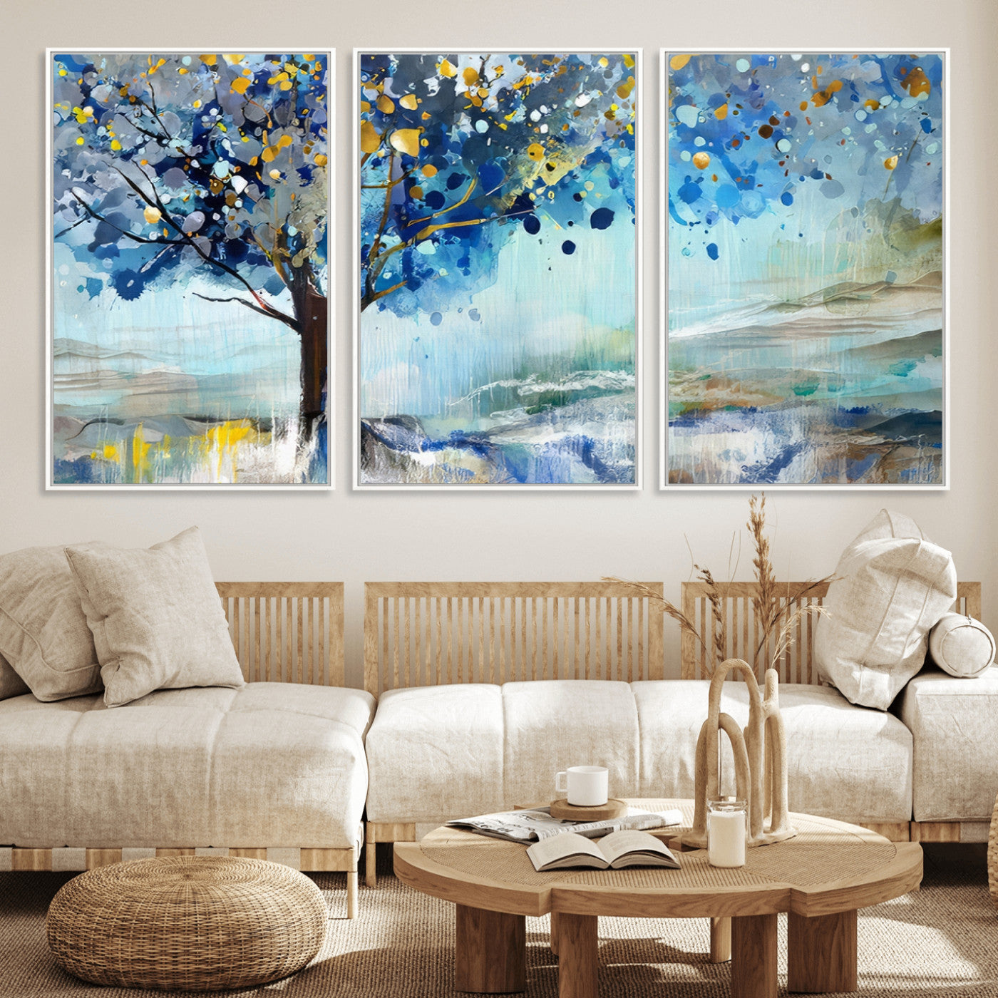 17018-MGV-FC-60X30-3P_White-Abstract Blue Tree Wall Art – Colorful Canvas Painting with Gold and Silver Accents, Modern Nature Artwork for Living Room,